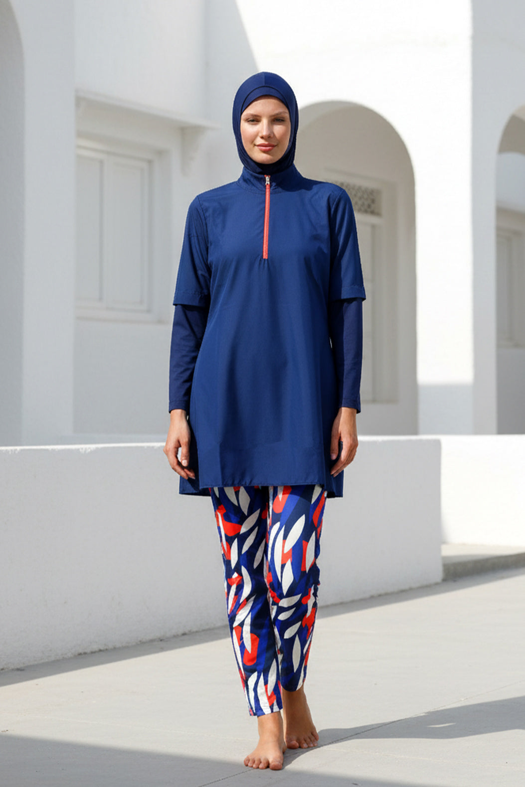 طقم بوركيني من أربع قطع مطبوع باللون الكحلي - ملابس سباحة محتشمة تغطي الجسم بالكامل M2262