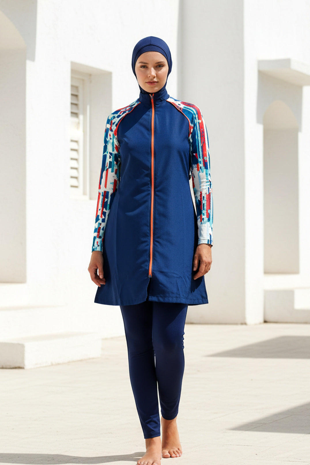 طقم بوركيني من ثلاث قطع مطبوع باللون الكحلي - ملابس سباحة محتشمة بتغطية كاملة M2267