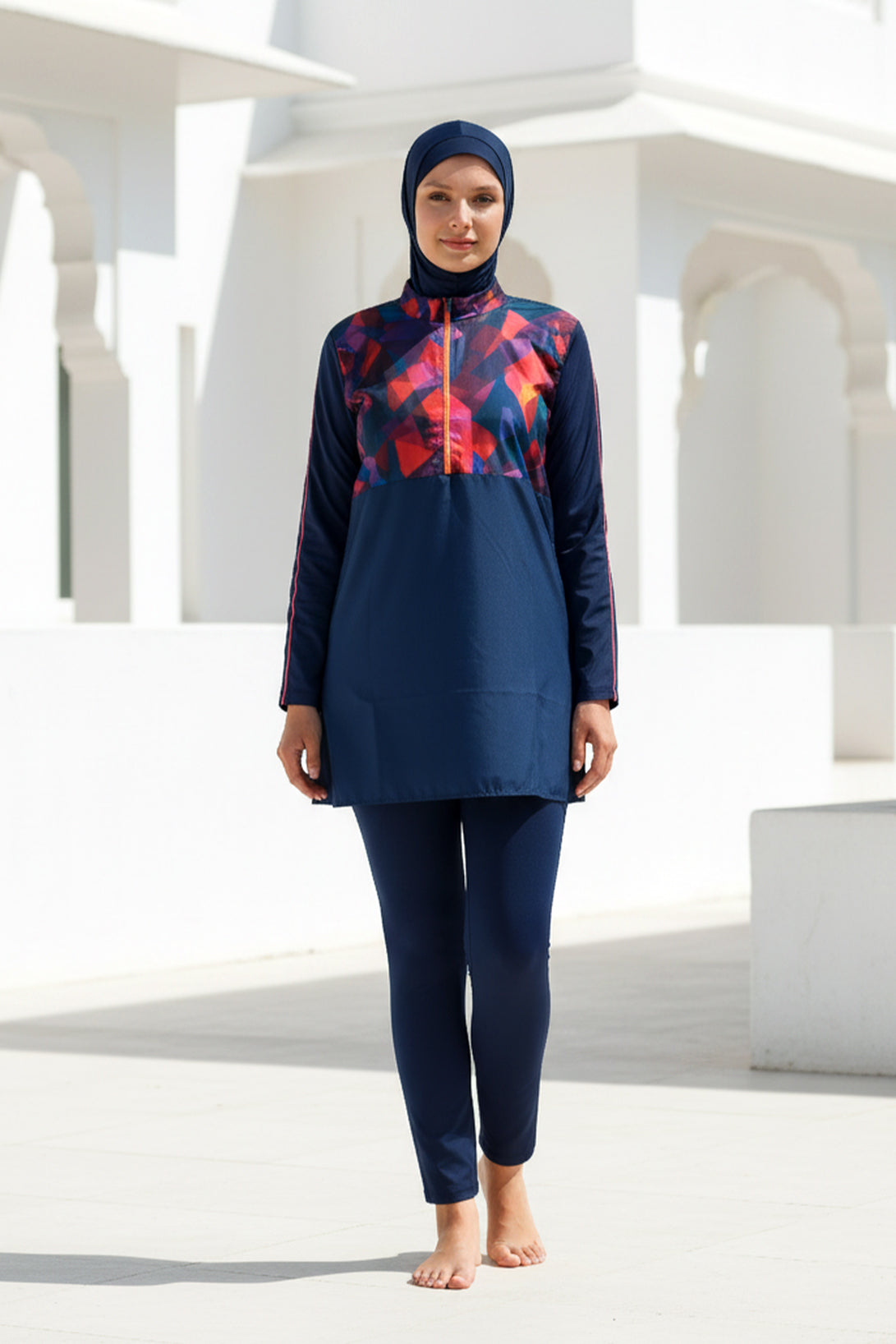 طقم بوركيني من ثلاث قطع مطبوع باللون الكحلي - ملابس سباحة محتشمة بتغطية كاملة M2269 الصورة الرئيسية