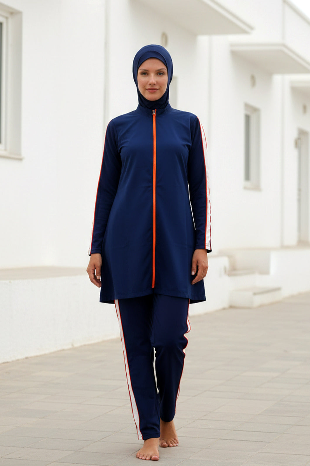 Navy 3 Piece Zip-Front Burkini Set – Full Coverage Modest Swimwear M2270