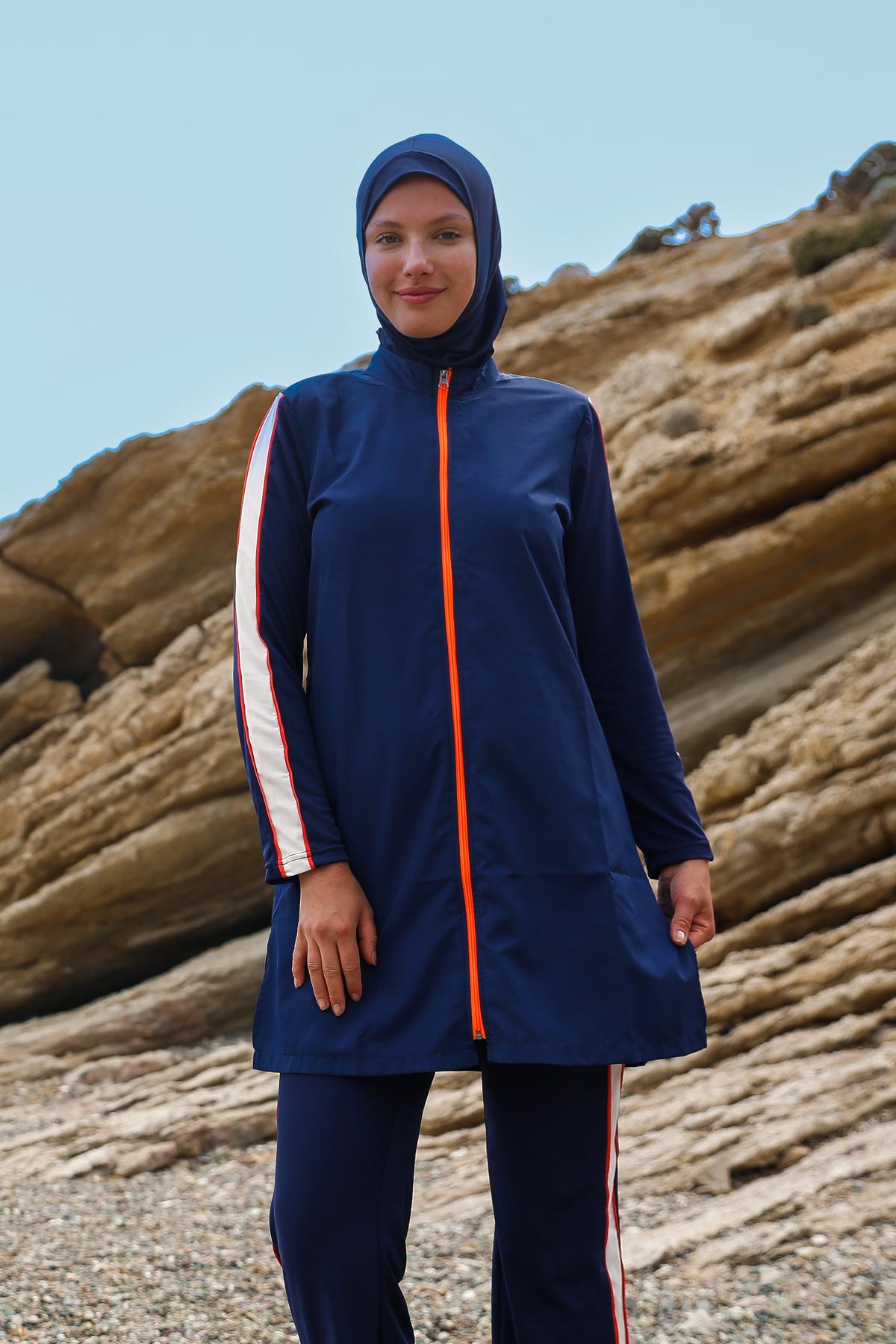 Navy 3 Piece Zip-Front Burkini Set – Full Coverage Modest Swimwear M2270