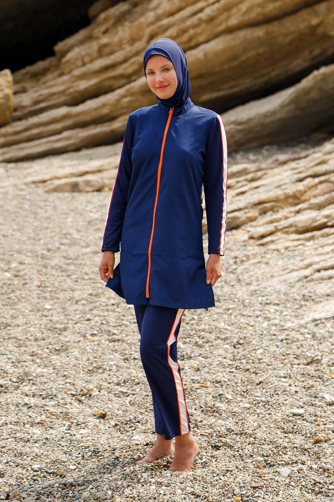 Navy 3 Piece Zip-Front Burkini Set – Full Coverage Modest Swimwear M2270