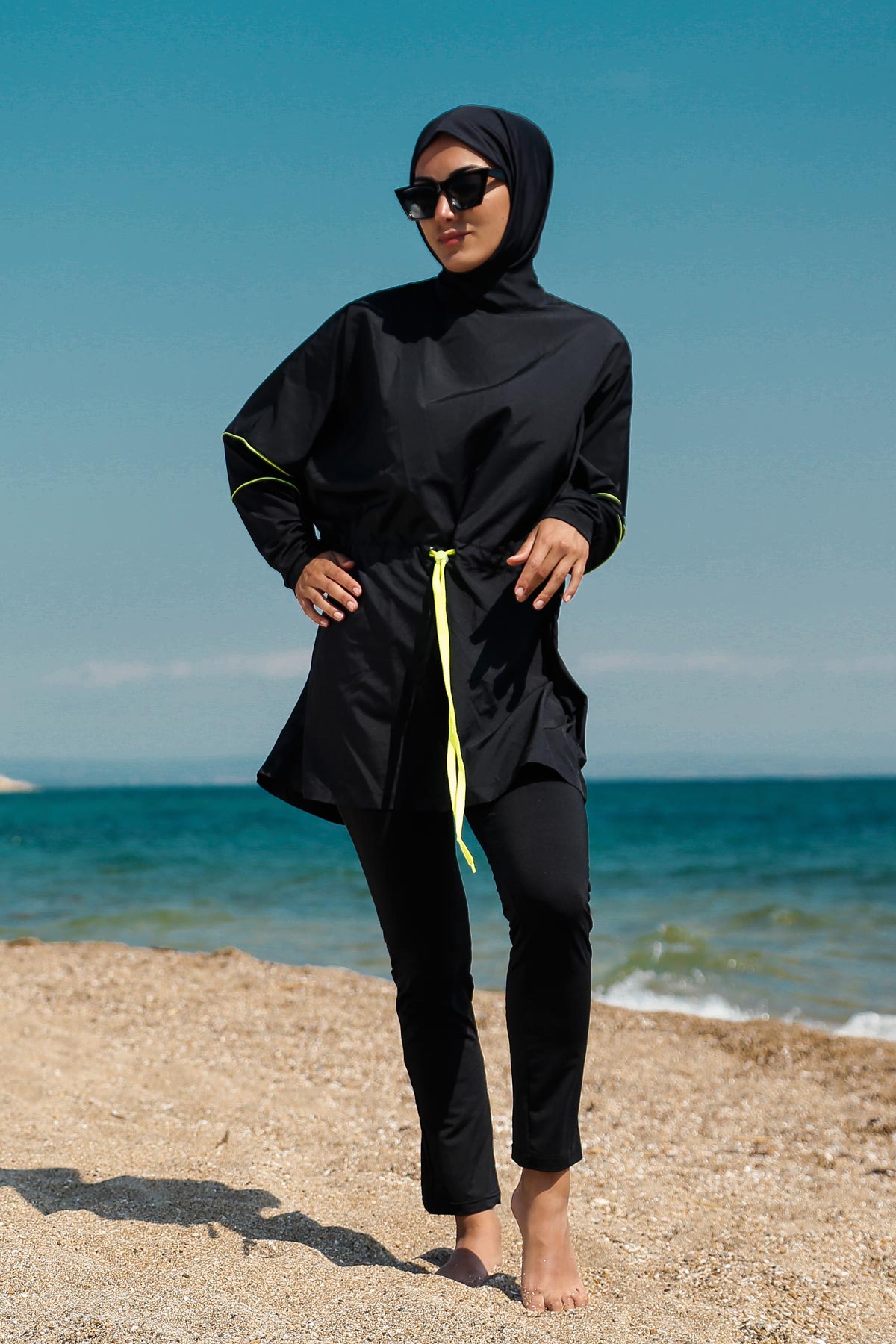 3 Piece Neon Trim Burkini Set – Full Coverage Modest Swimwear M2272