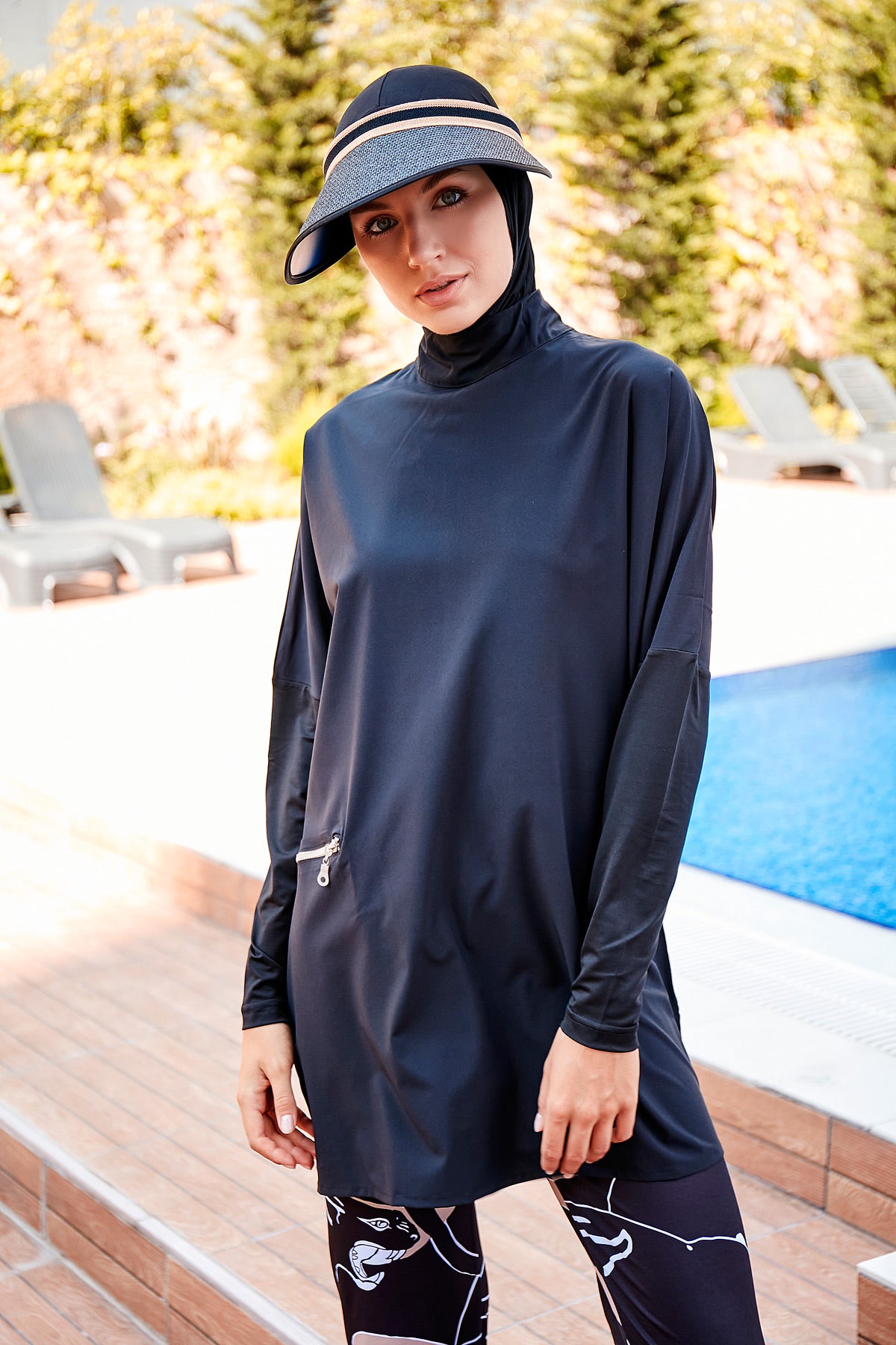 Fully Covered Black Parachute Fabric Women’s Burkini Modest Swimwear Set – Model M2274