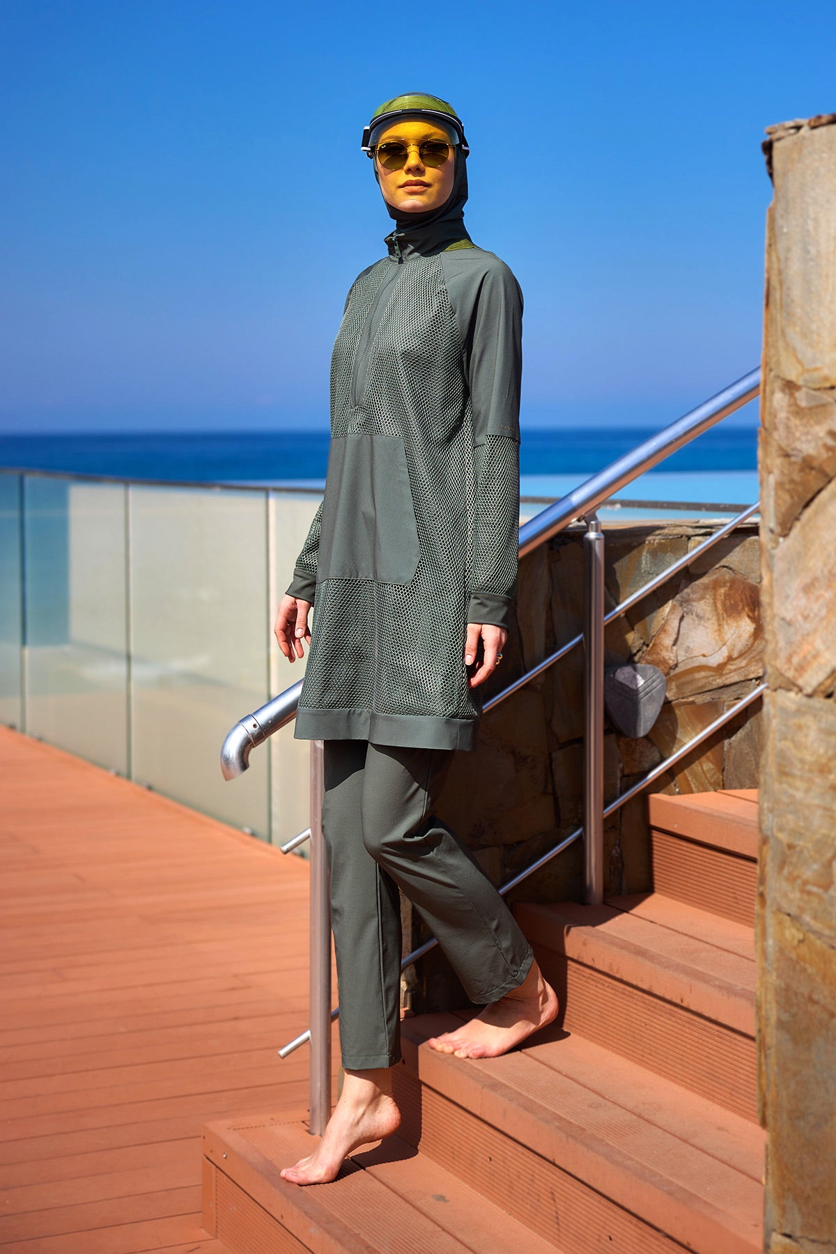 Khaki Full Coverage Tulle Detail Modest Swimwear Burkini Set M2534-3 Secondary image