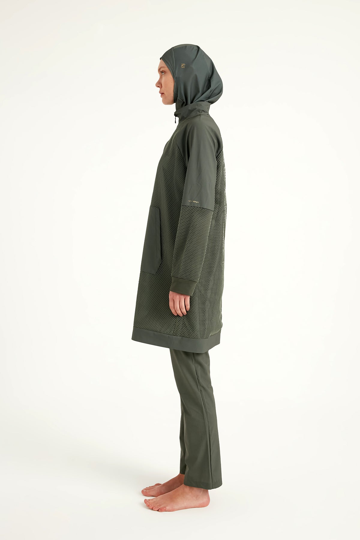 طقم بوركيني سباحة محتشم بلون الكاكي، بتفاصيل من التول، بتغطية كاملة، M2534-3 