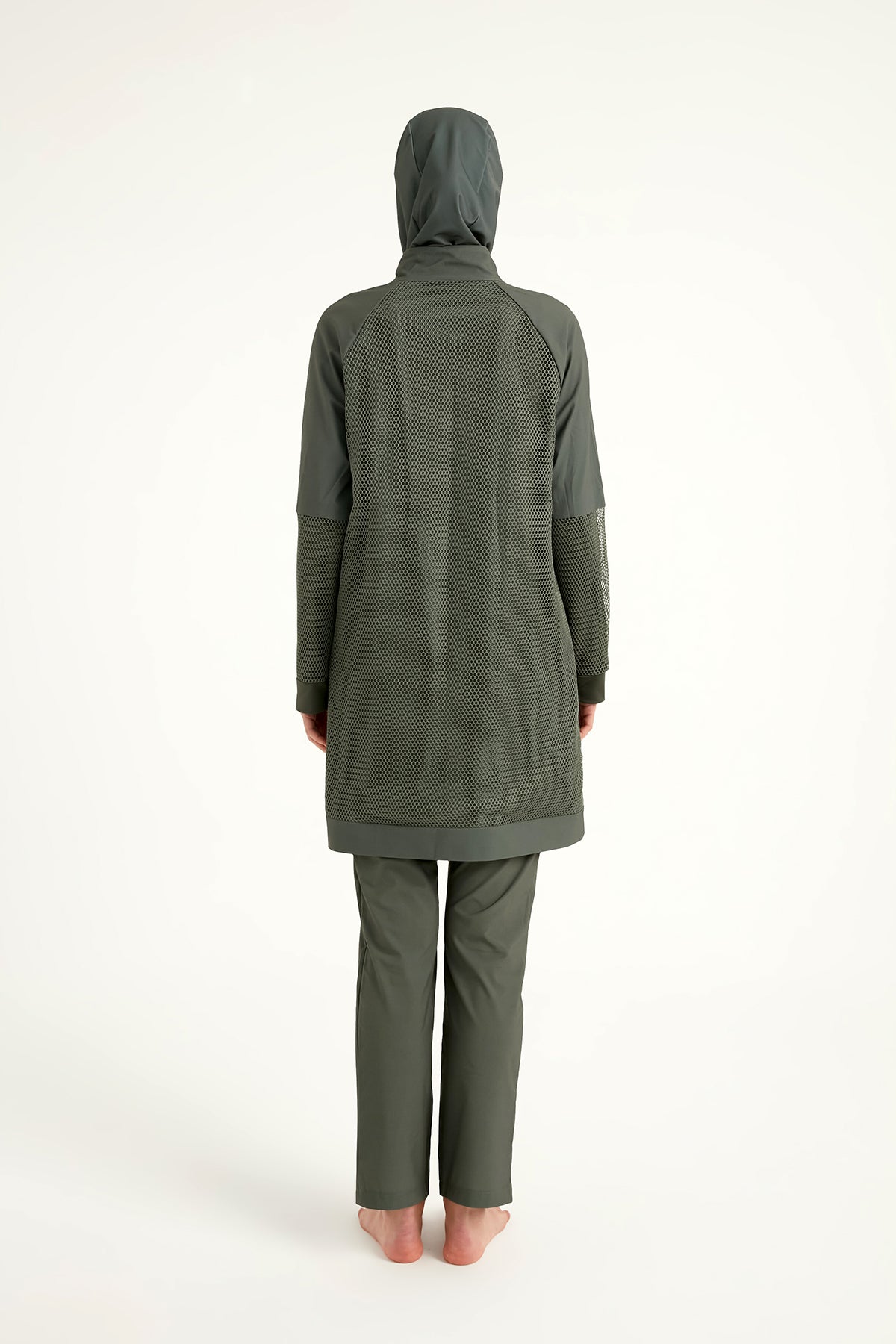 طقم بوركيني سباحة محتشم بلون الكاكي، بتفاصيل من التول، بتغطية كاملة، M2534-3 