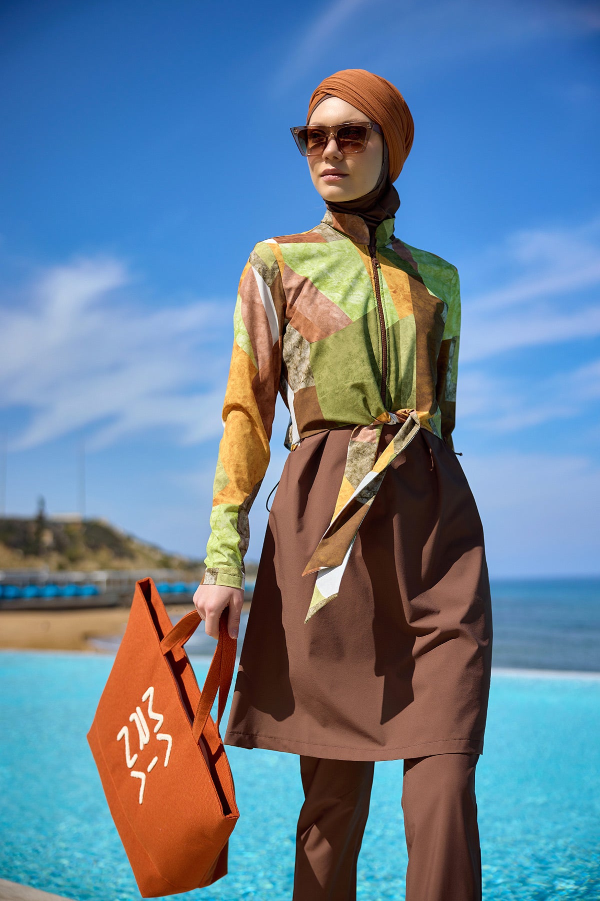 Brown Full Coverage Modest Swimwear Burkini Set M2530-1 Main image