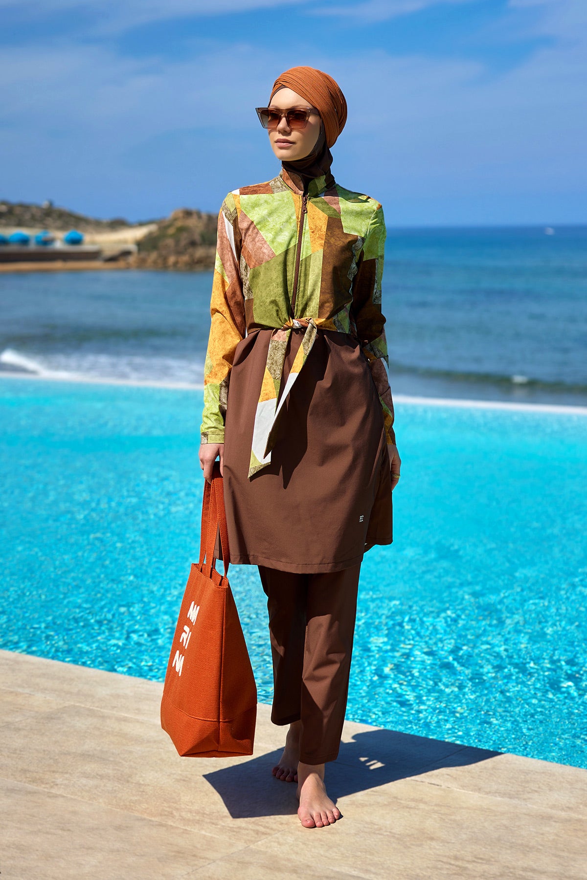 Brown Full Coverage Modest Swimwear Burkini Set M2530-1