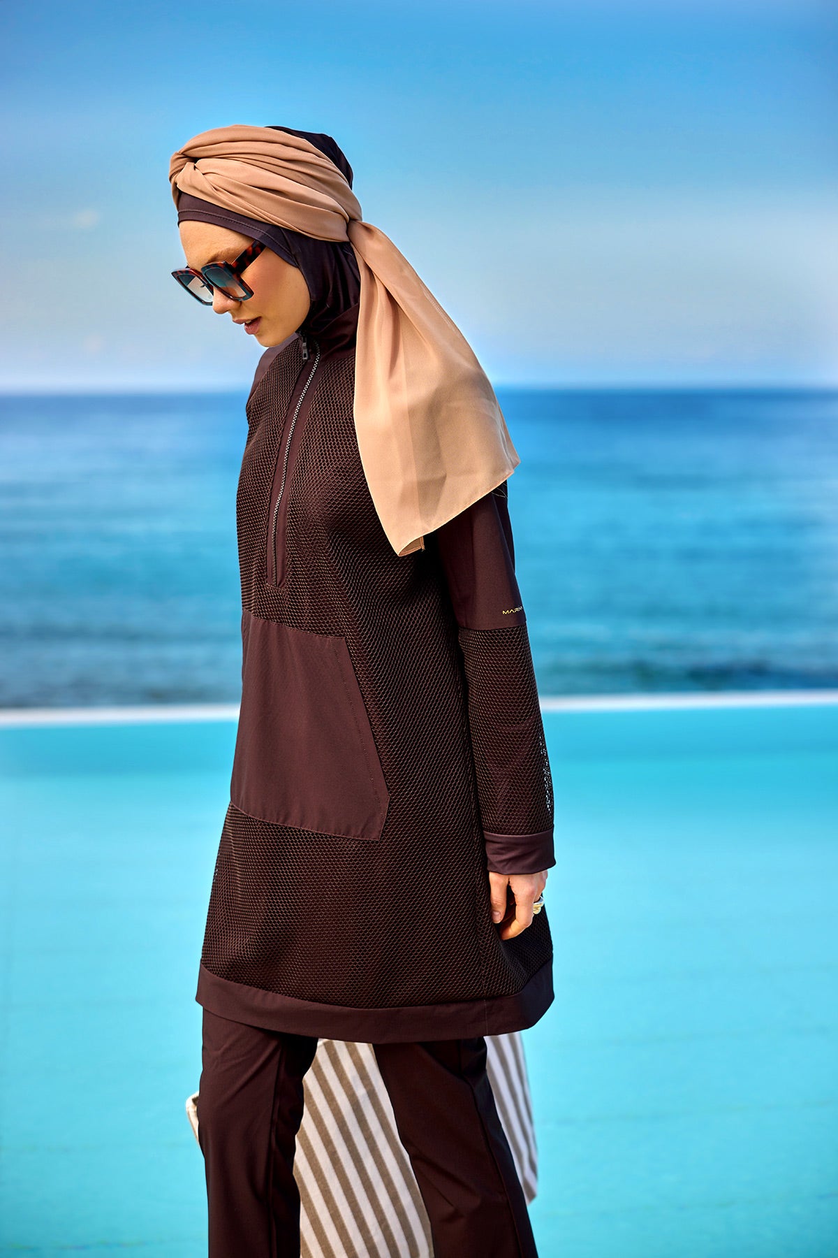 Brown Full Coverage Tulle Detail Modest Swimwear Burkini Set M2534-4 Main image