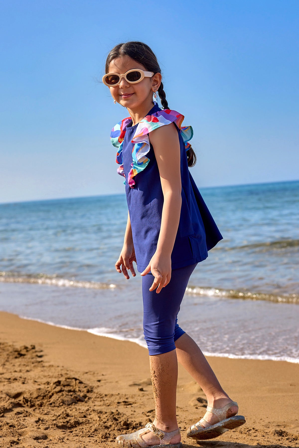 Marina UPF50+ Protected Modest Swimwear for Girls – Navy Ruffle C2502