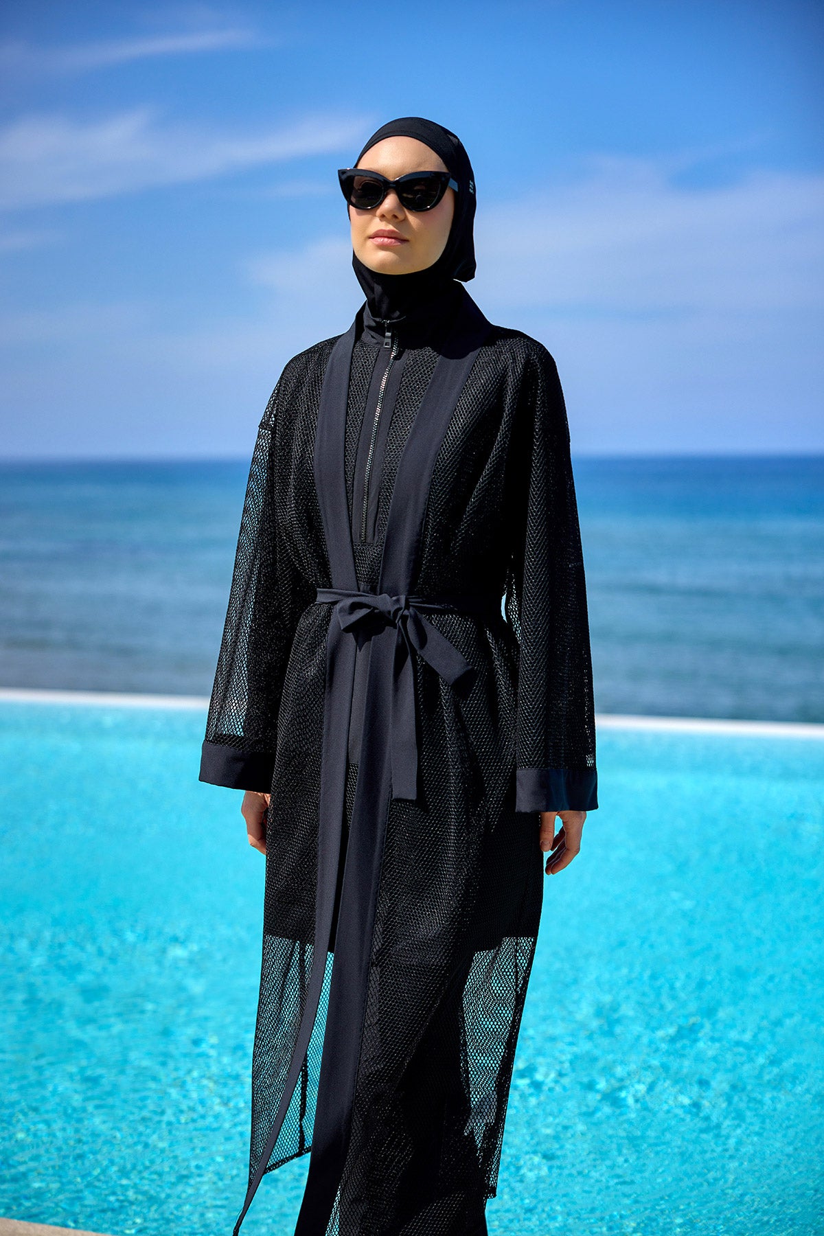 Black Full Coverage Mesh Kimono – Lightweight Islamic Beach Cover-Up P2501-1
