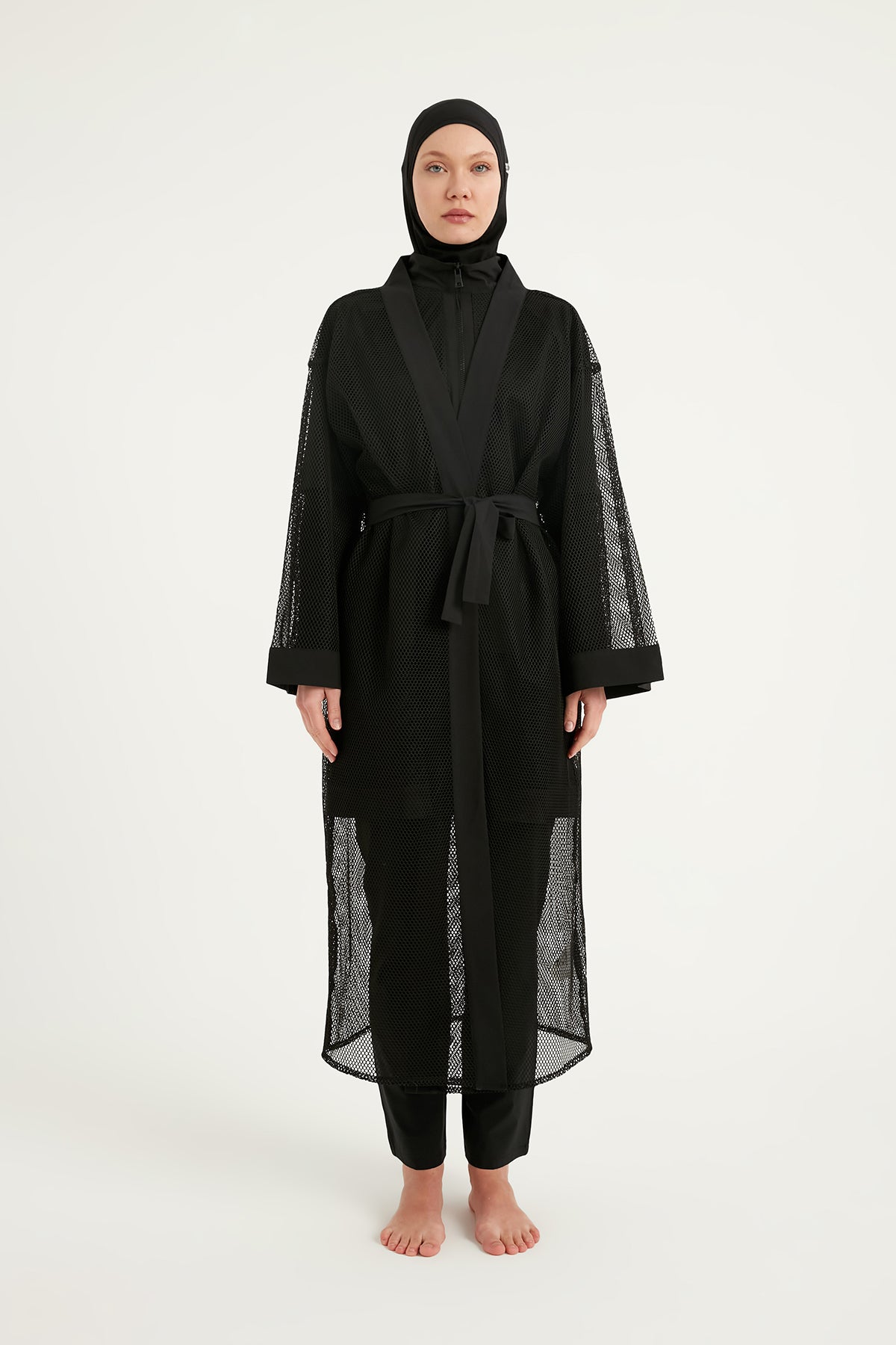 Black Full Coverage Mesh Kimono – Lightweight Islamic Beach Cover-Up P2501-1