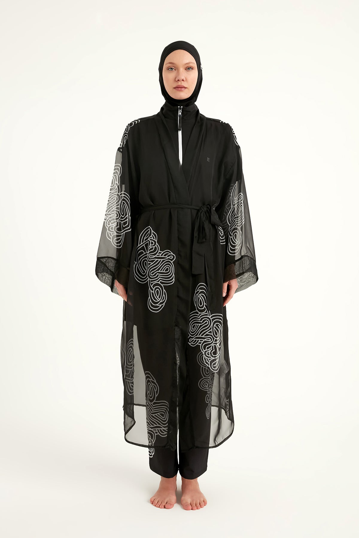 Marina Black & White Damask Chiffon Kimono - P2515