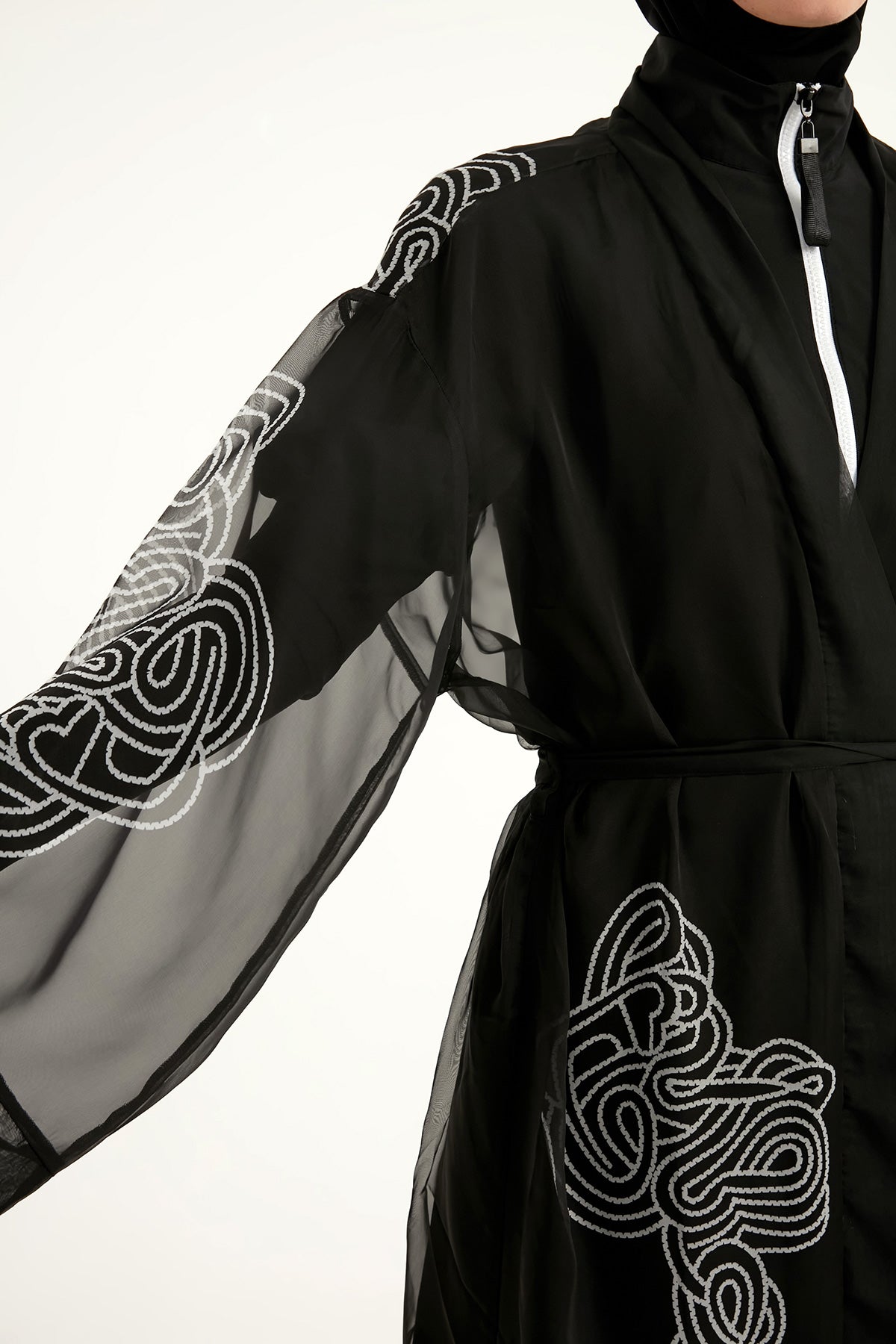 Marina Black & White Damask Chiffon Kimono - P2515