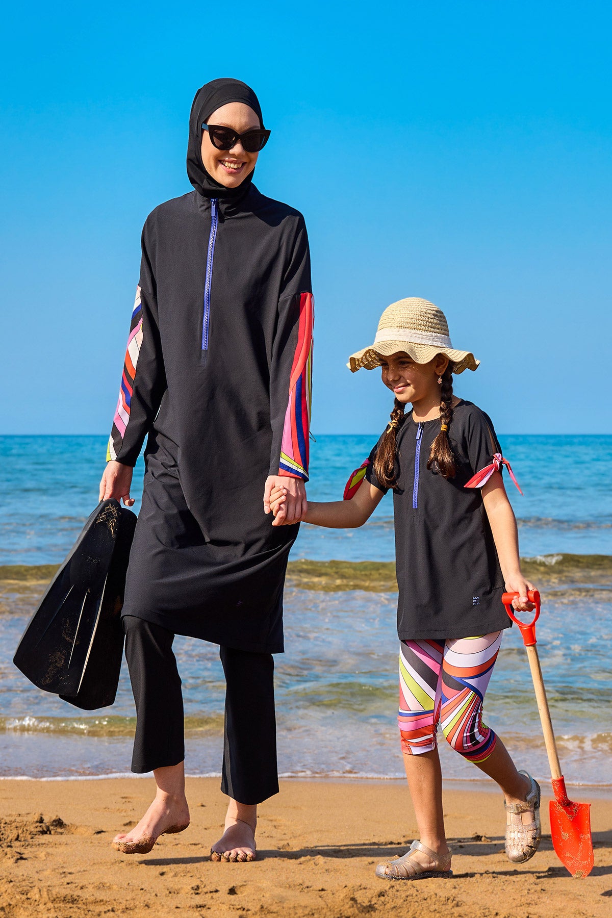 Marina UPF50+ Protective Girls Modest Swimsuit – Black Rainbow C2507