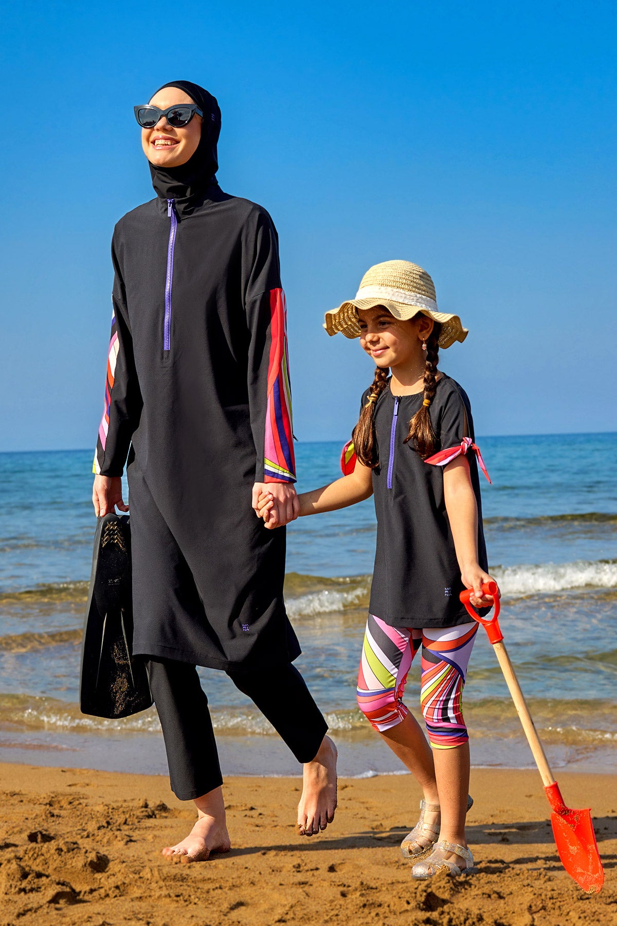 Marina UPF50+ Protective Girls Modest Swimsuit – Black Rainbow C2507