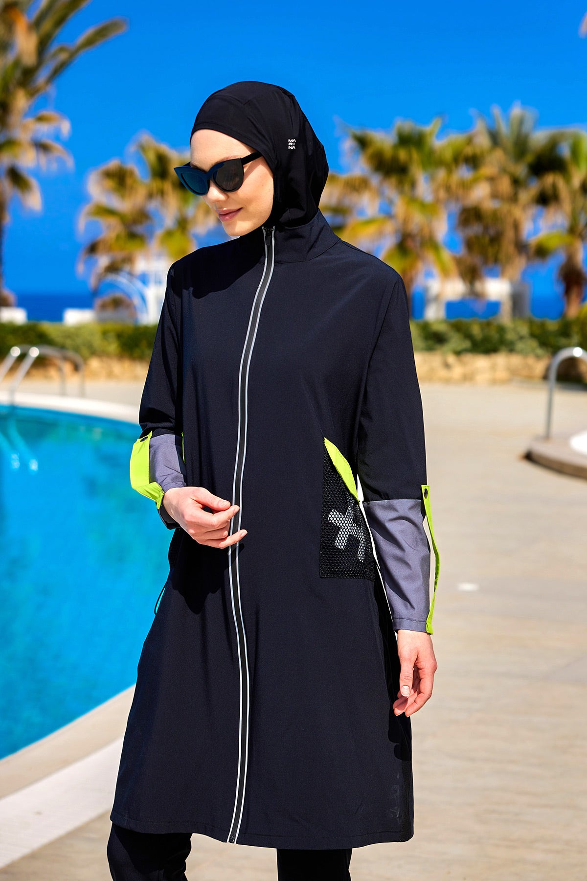 Black Full Coverage Modest Swimwear with Mesh Pocket – M2522 Main image