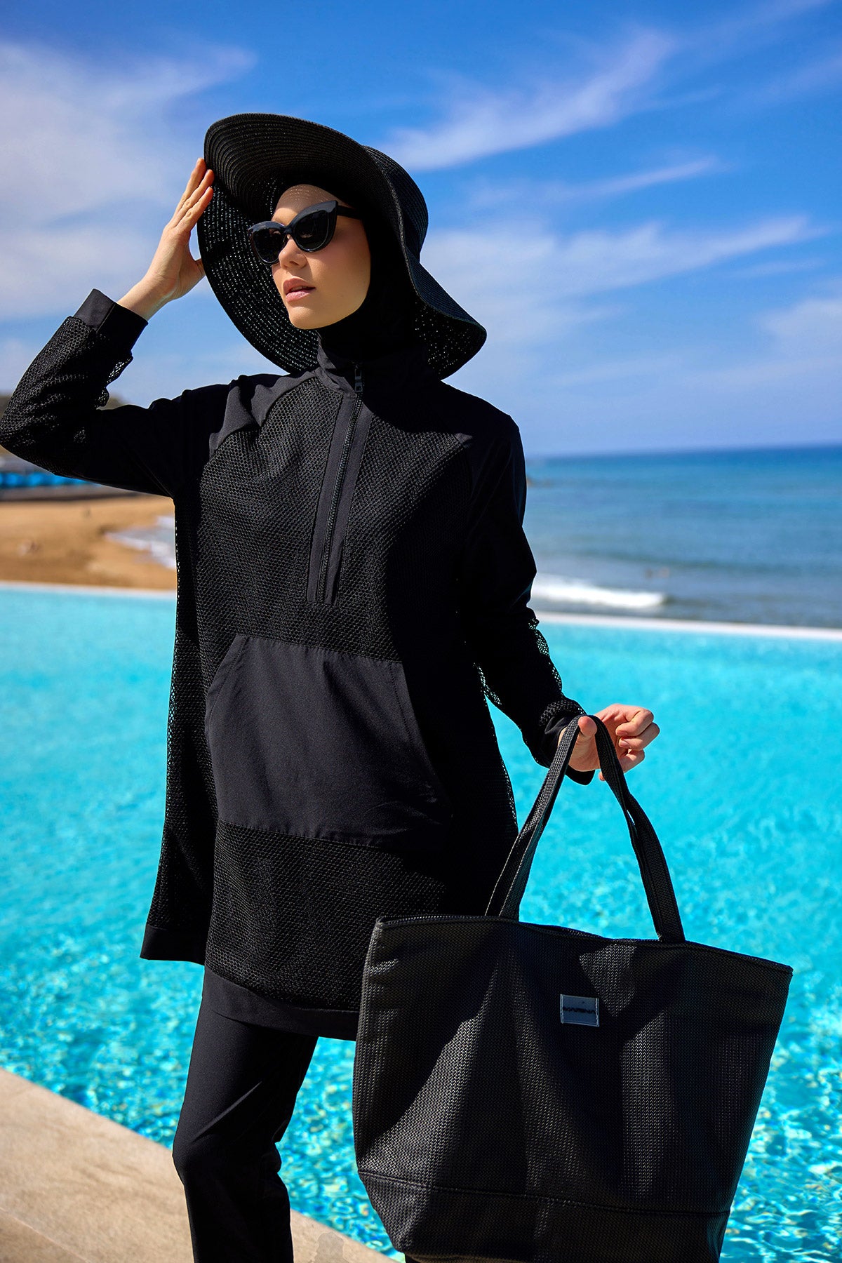 Black Tulle Detail Full Coverage Swimwear Burkini M2534-1