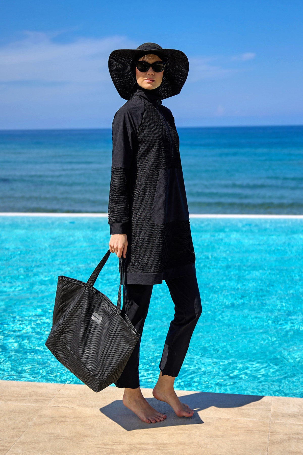 Black Tulle Detail Full Coverage Swimwear Burkini M2534-1