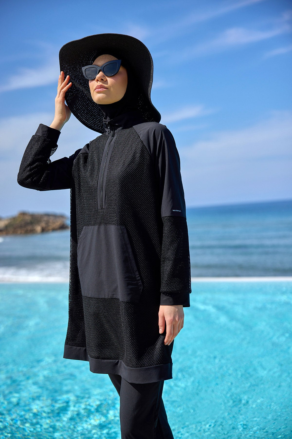 Black Tulle Detail Full Coverage Swimwear Burkini M2534-1