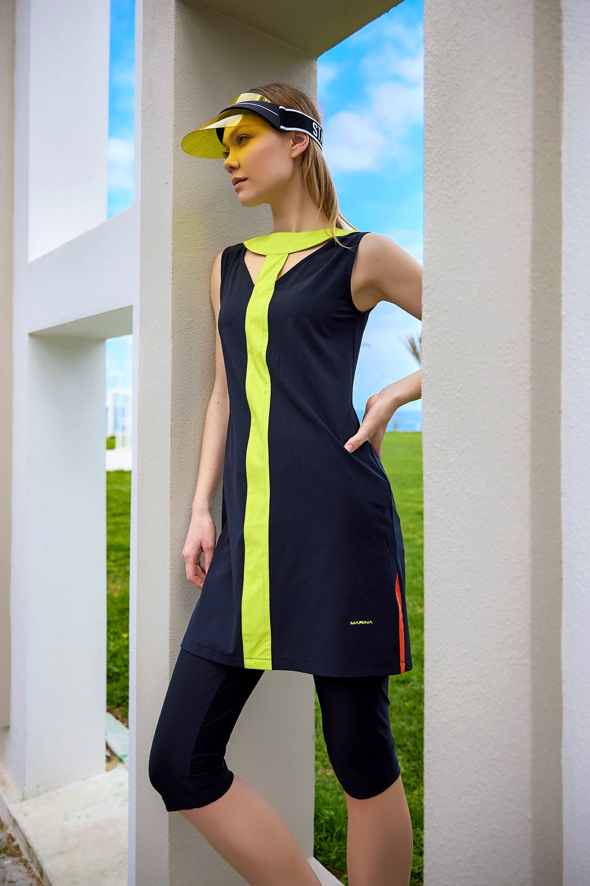 Marina Black Semi-Covered Modest Swimsuit - H2502-1