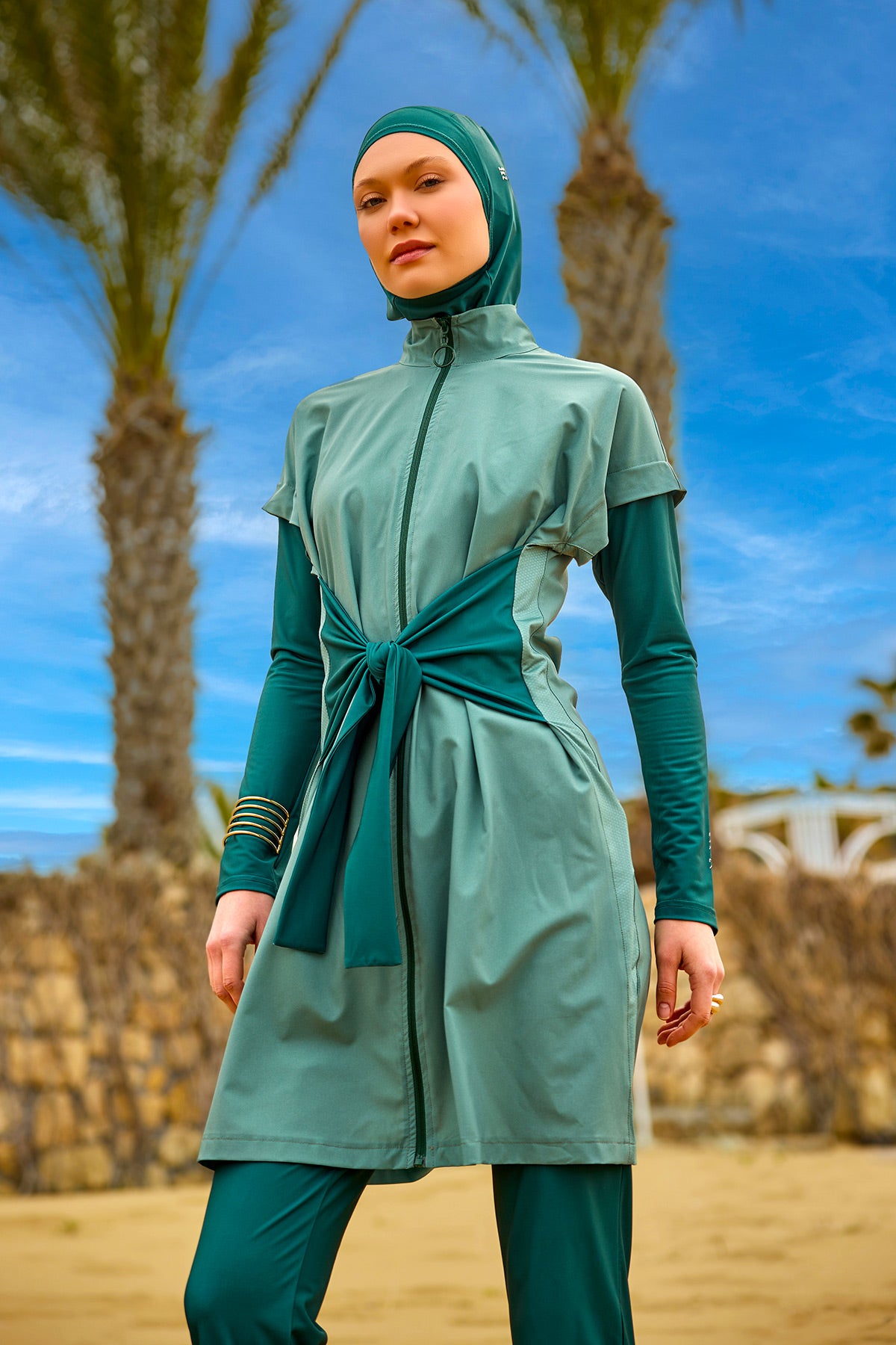 Olive Modest Burkini Set – High Collar Full Coverage Swimwear M2523-1