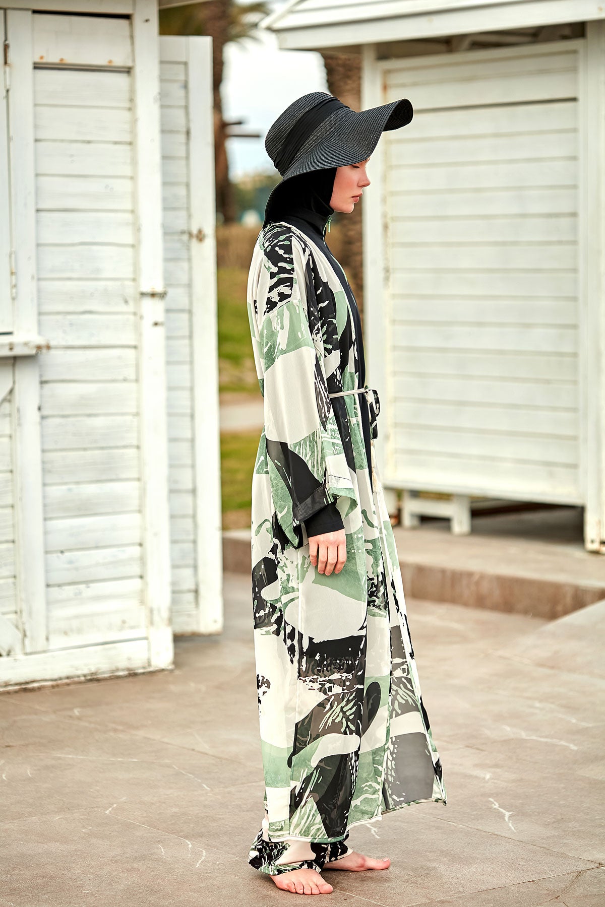 Patterned Khaki Chiffon Beach Kimono - P2411