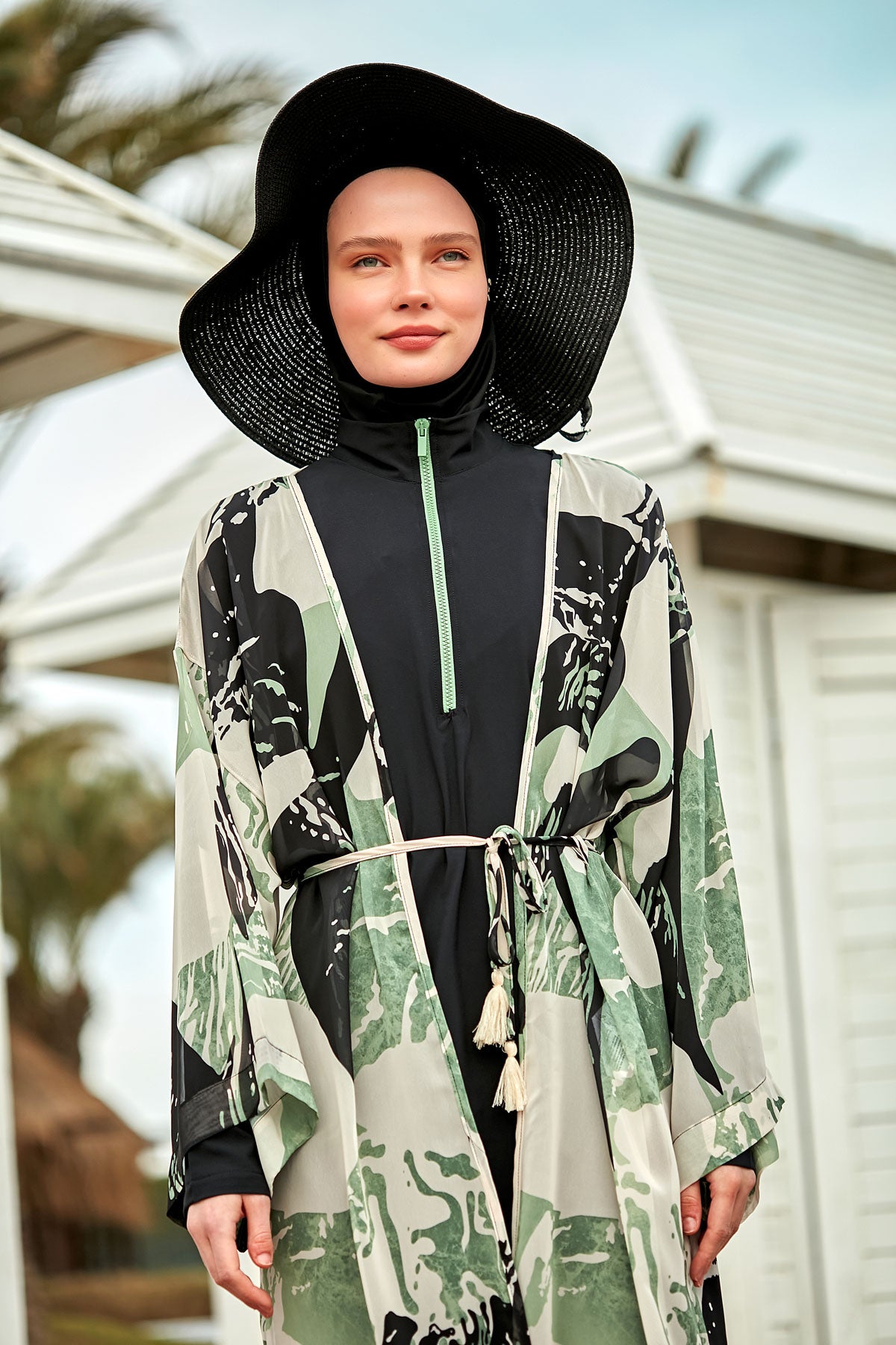 Patterned Khaki Chiffon Beach Kimono - P2411 صورة ثانوية