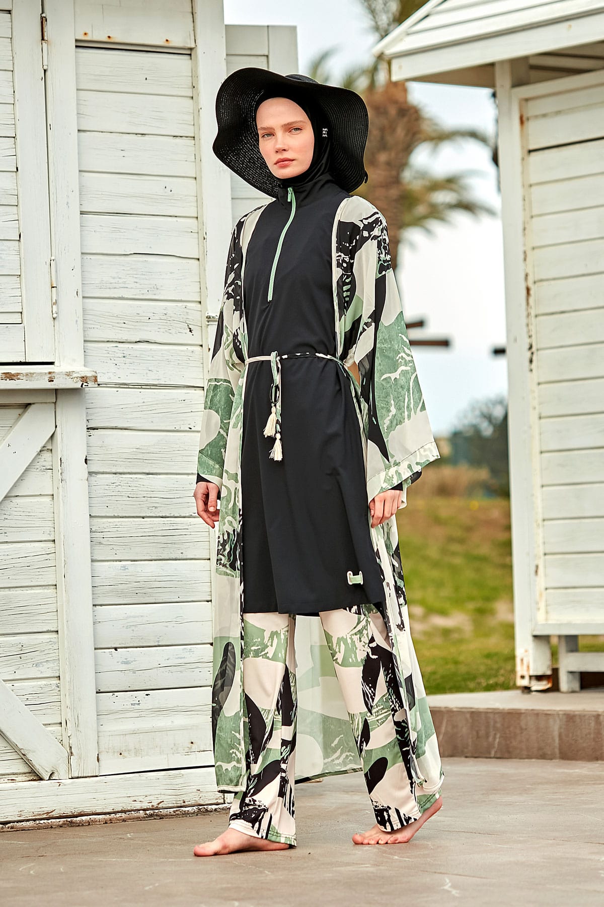 Patterned Khaki Chiffon Beach Kimono - P2411