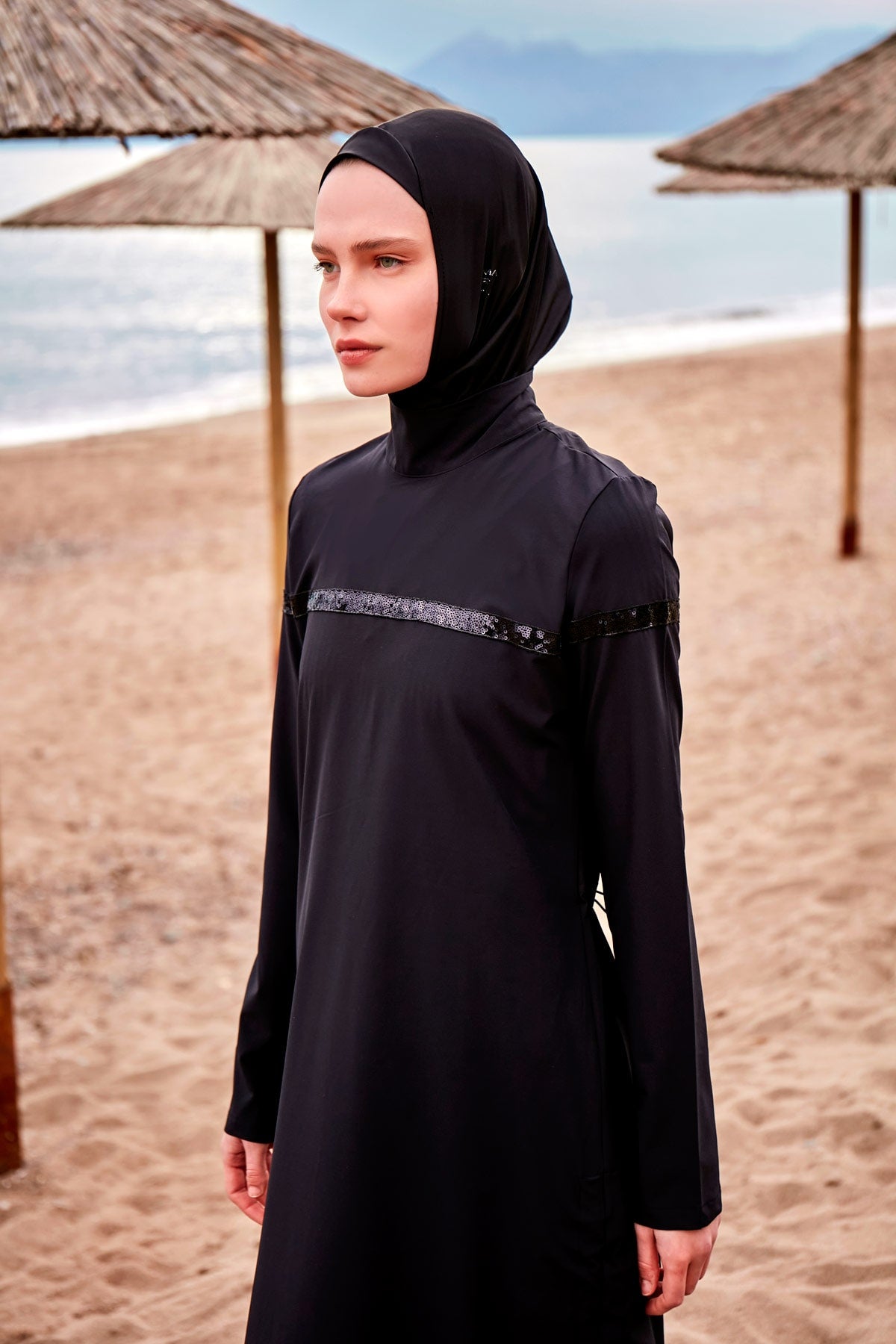 Black Parachute Fabric Full-Coverage Modest Swimwear Burkini - M2433