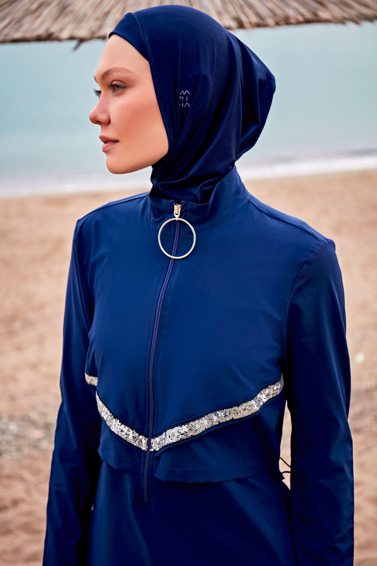 Parachute Fabric Navy Blue Full-Coverage Modest Swimwear Burkini - M2411