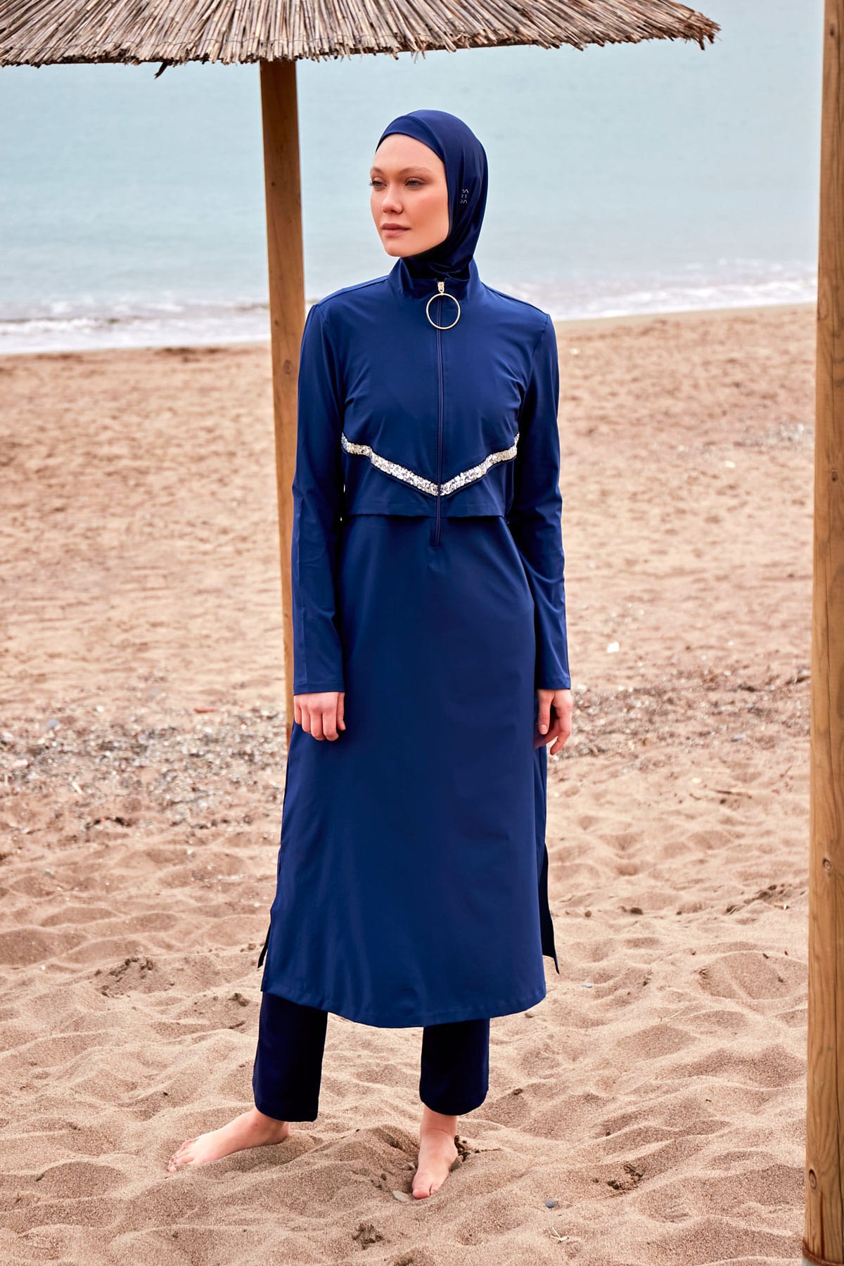 Parachute Fabric Navy Blue Full-Coverage Modest Swimwear Burkini - M2411