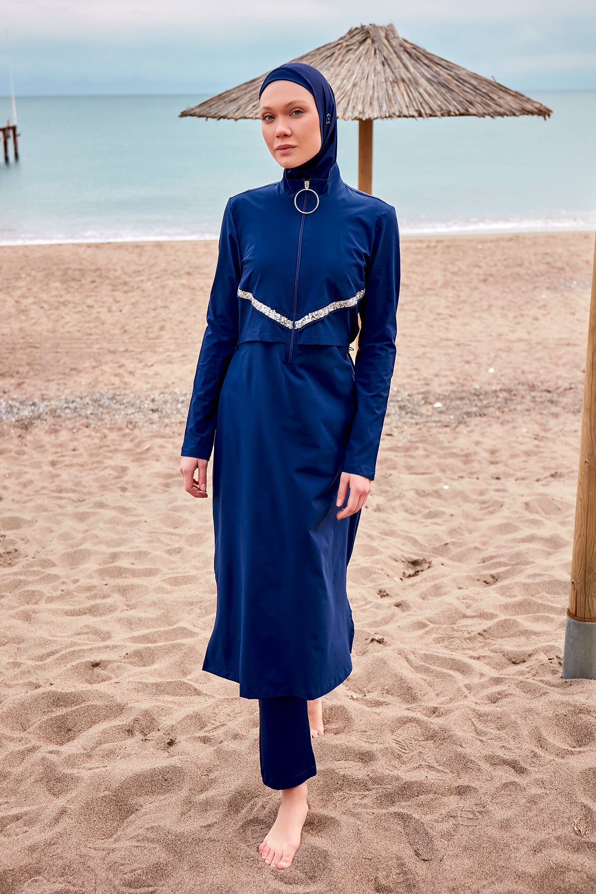Parachute Fabric Navy Blue Full-Coverage Modest Swimwear Burkini - M2411 Main image