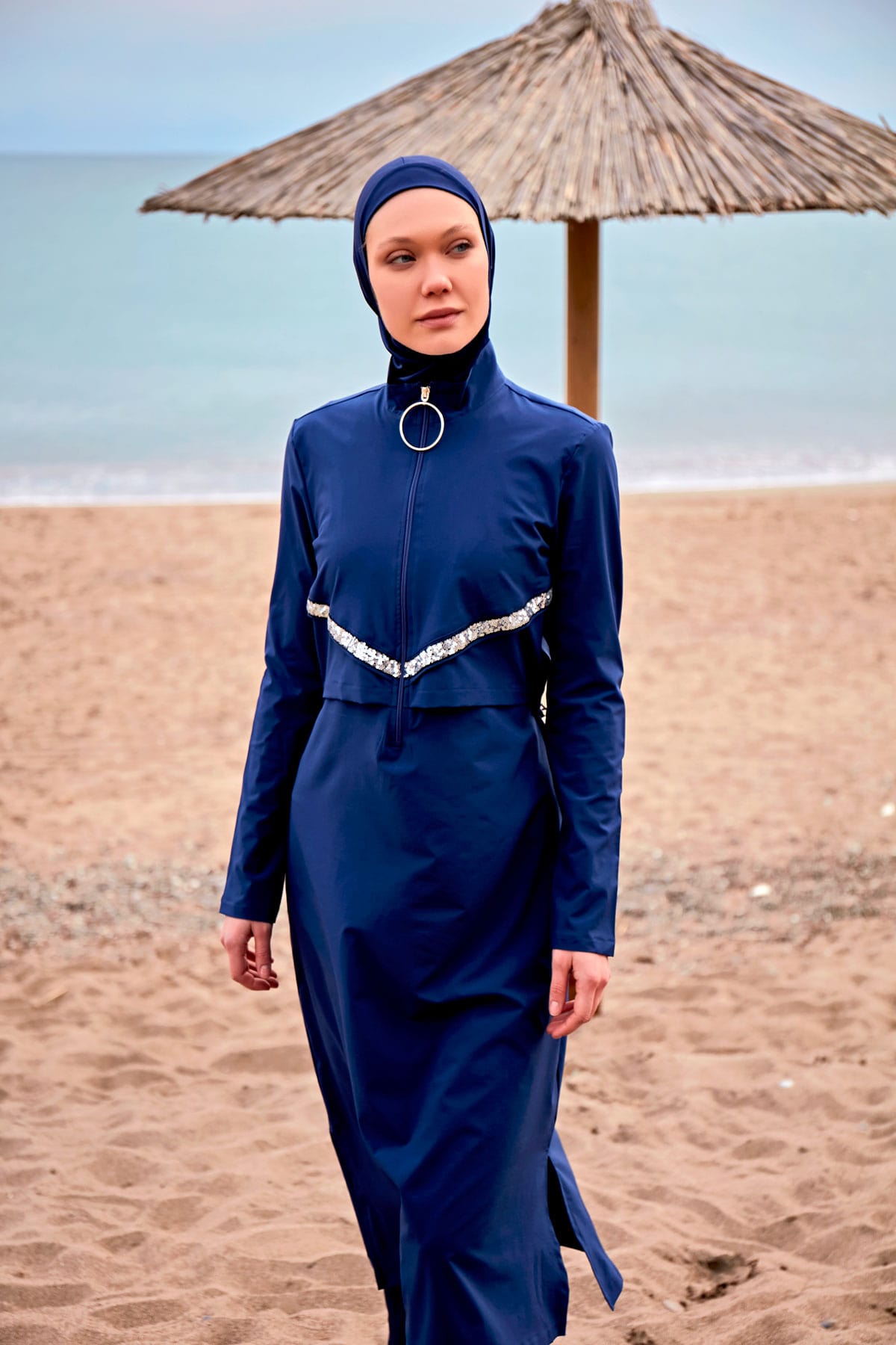 Parachute Fabric Navy Blue Full-Coverage Modest Swimwear Burkini - M2411 Secondary image