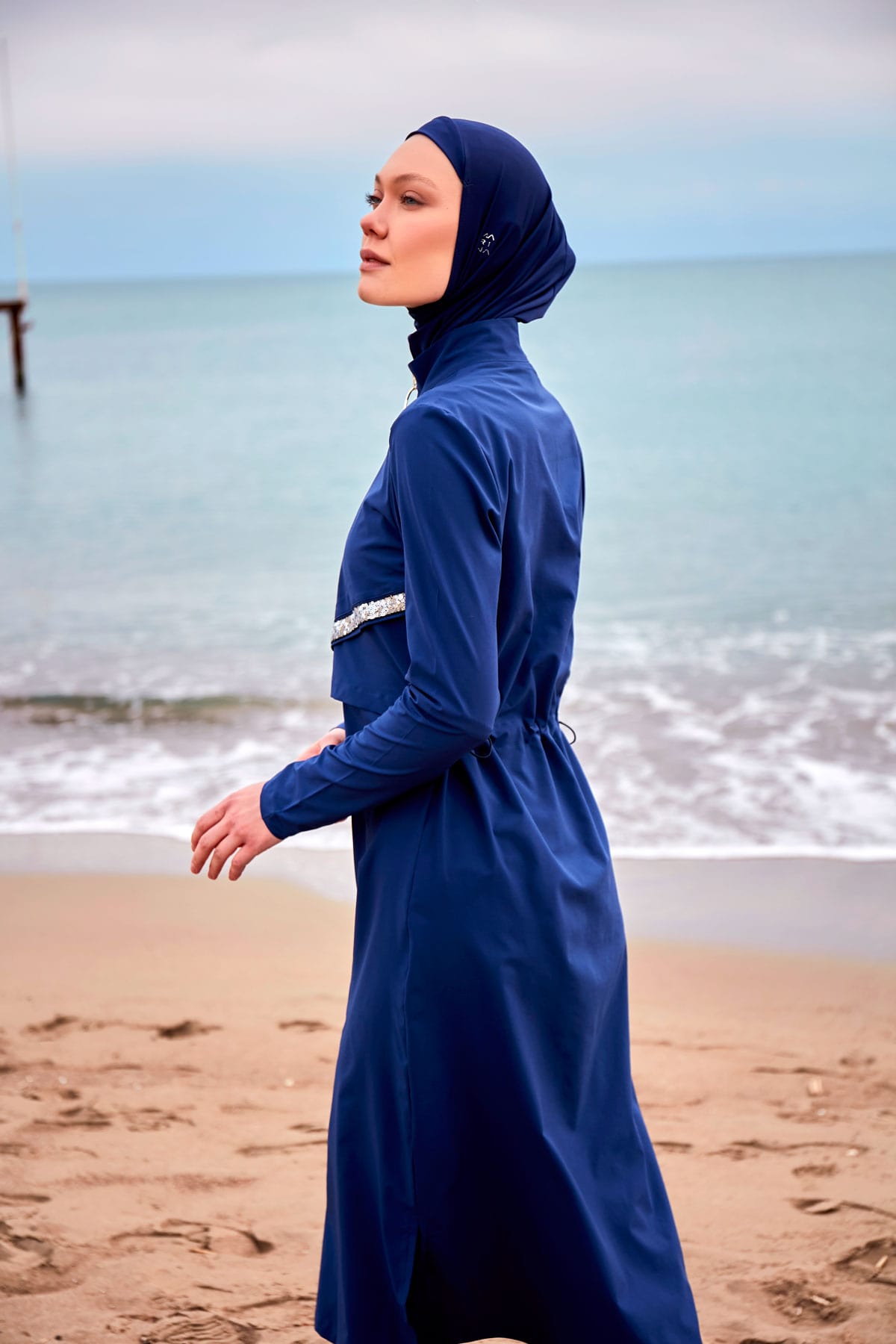 Parachute Fabric Navy Blue Full-Coverage Modest Swimwear Burkini - M2411