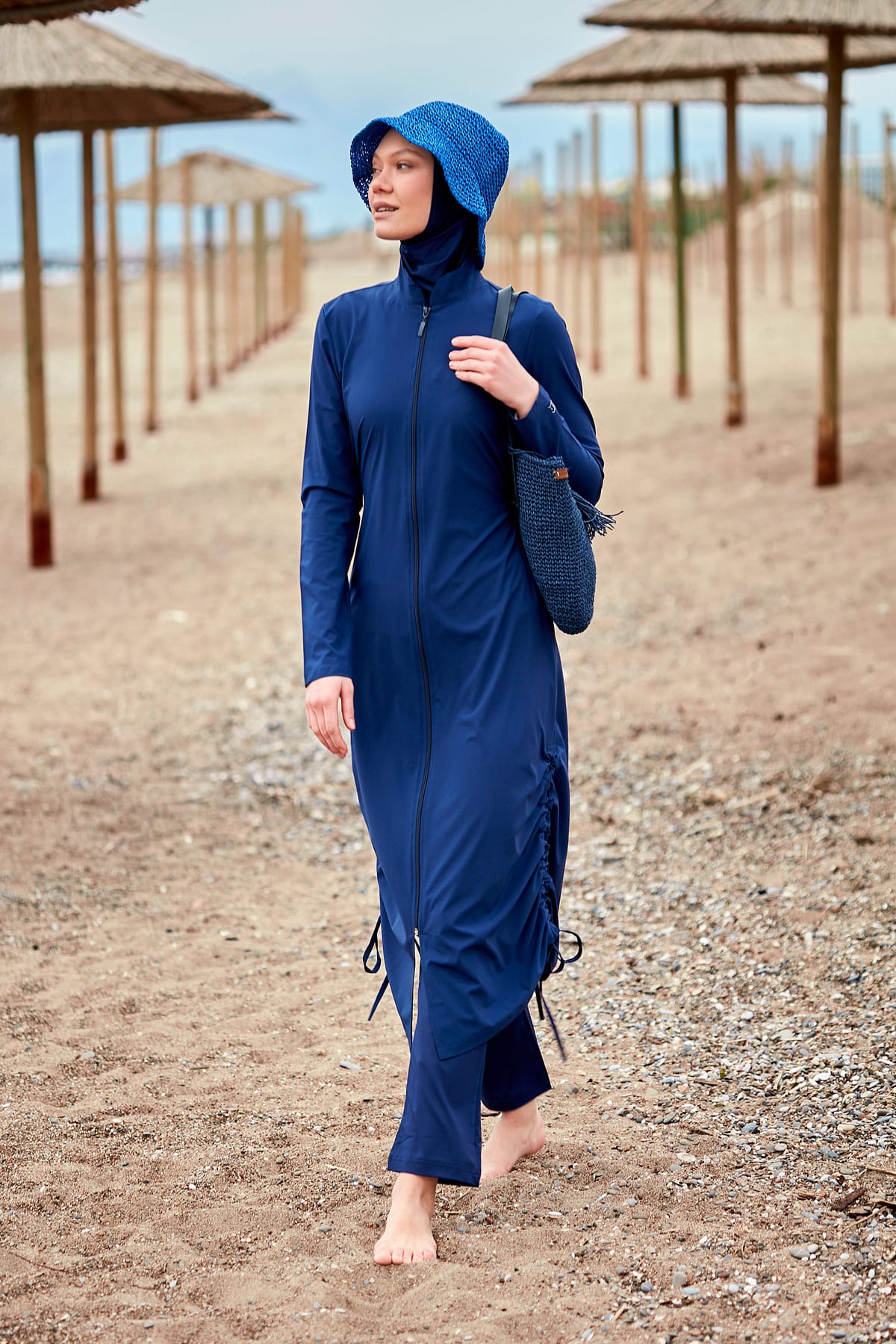 Parachute Fabric Navy Blue Full-Coverage Modest Swimwear Burkini - M2416