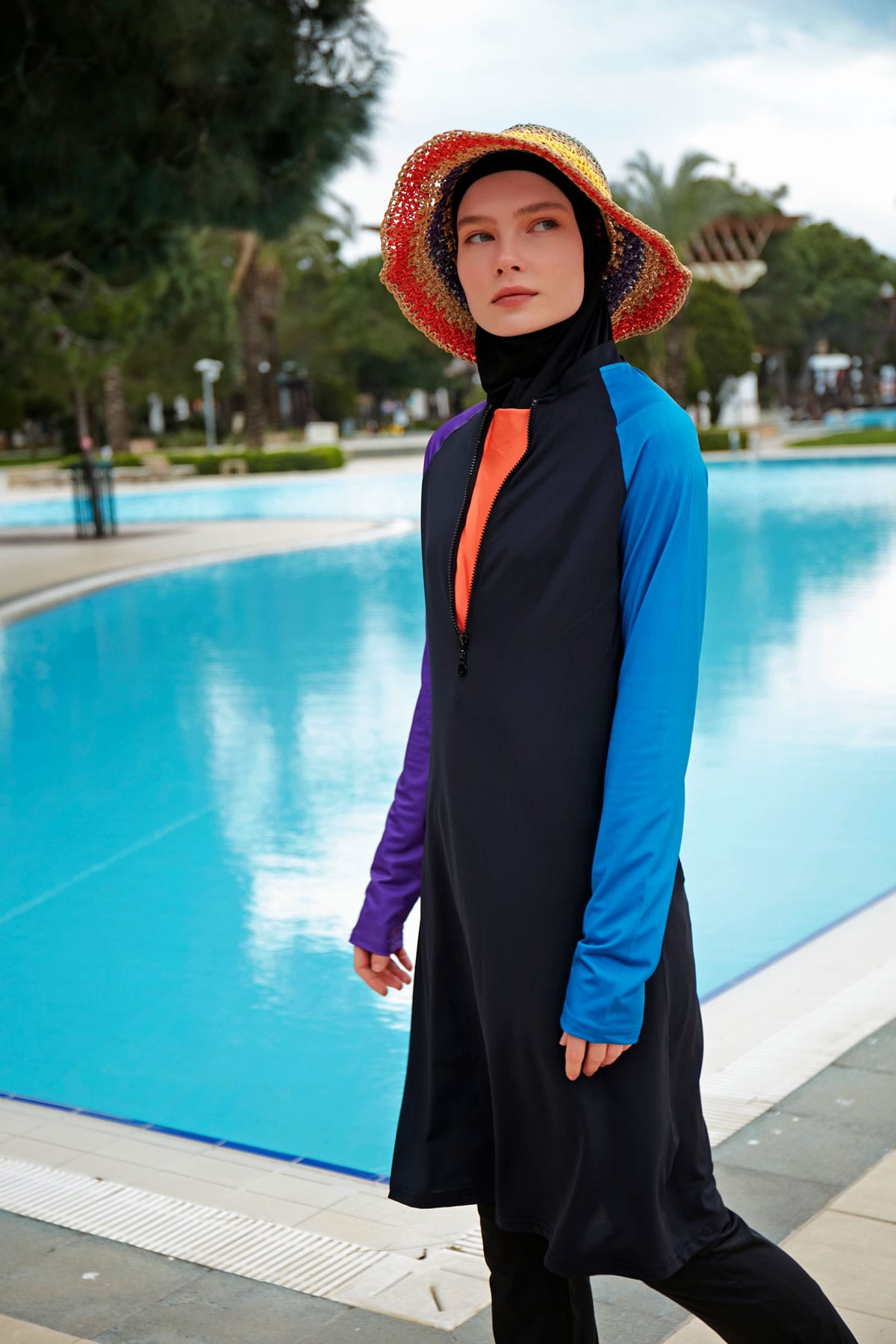 Color Blocked Black Full-Coverage Modest Swimwear Burkini - M2475