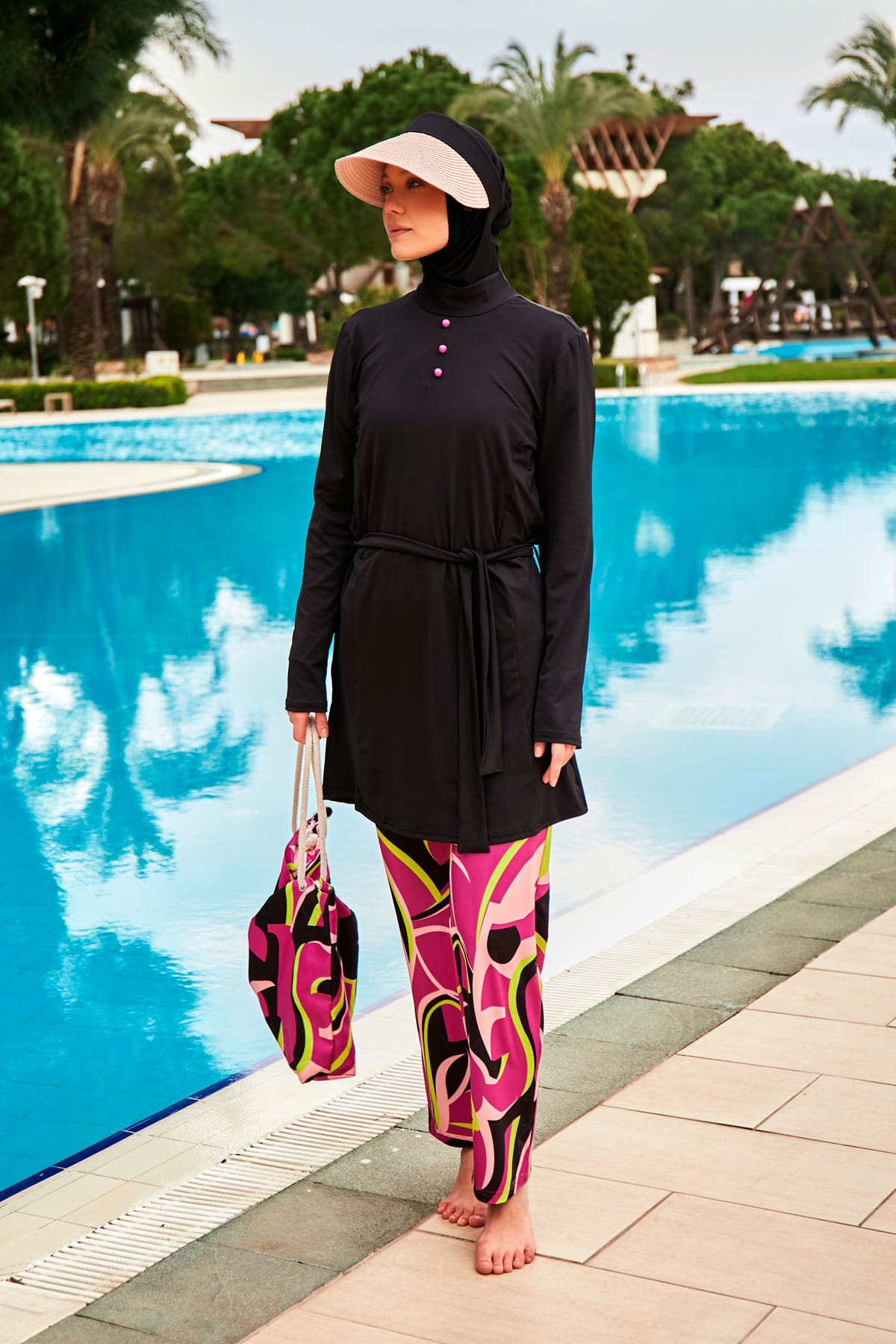 Patterned Black Full-Coverage Modest Swimwear Burkini - M2481