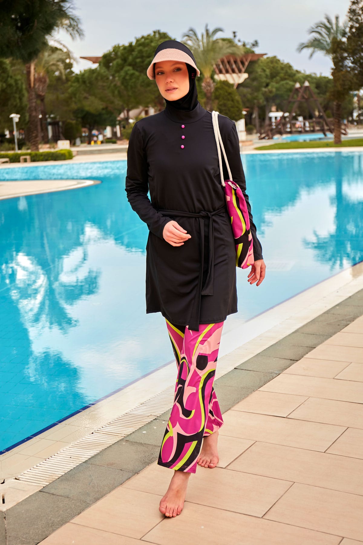 Patterned Black Full-Coverage Modest Swimwear Burkini - M2481 Main image