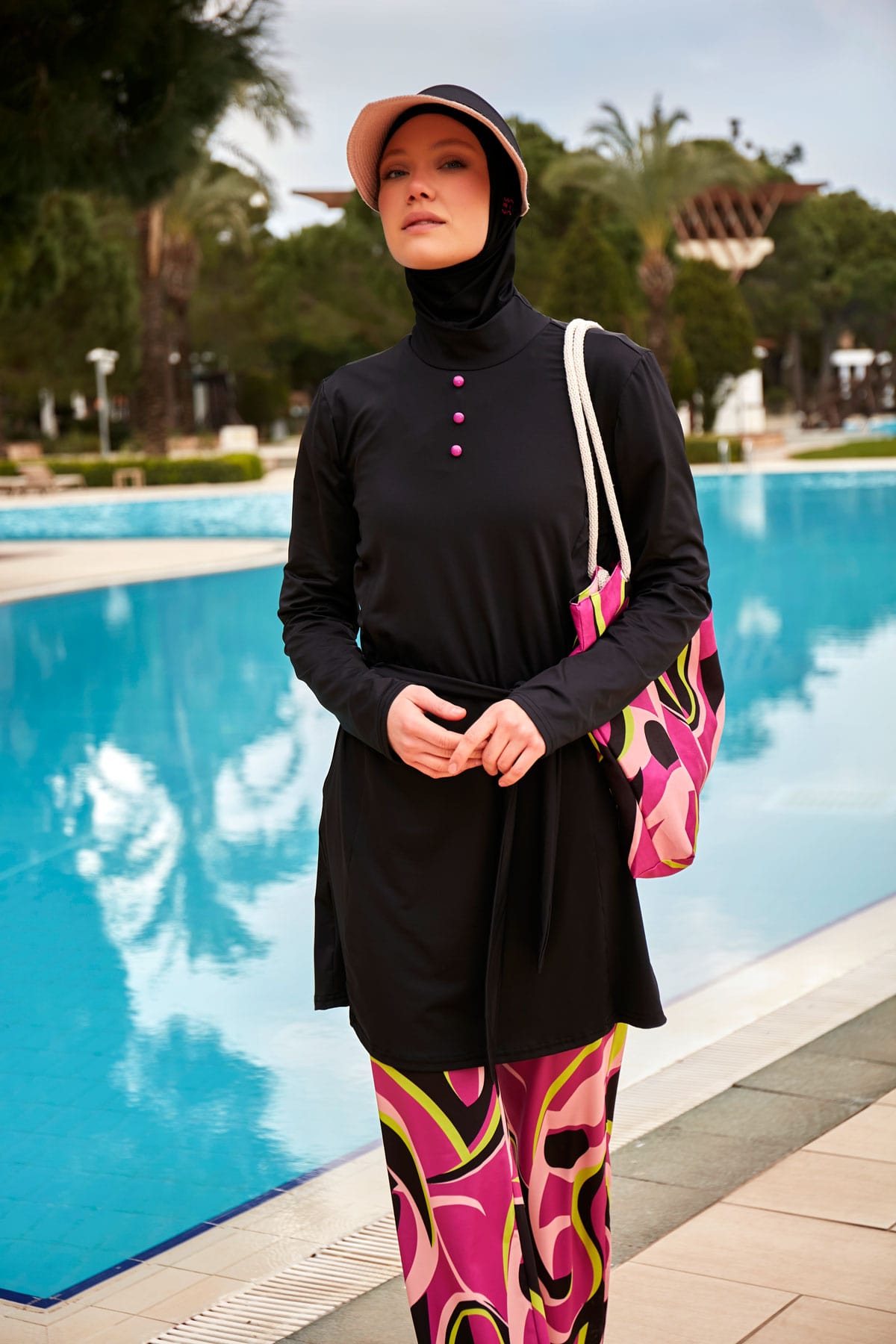 Patterned Black Full-Coverage Modest Swimwear Burkini - M2481 Secondary image