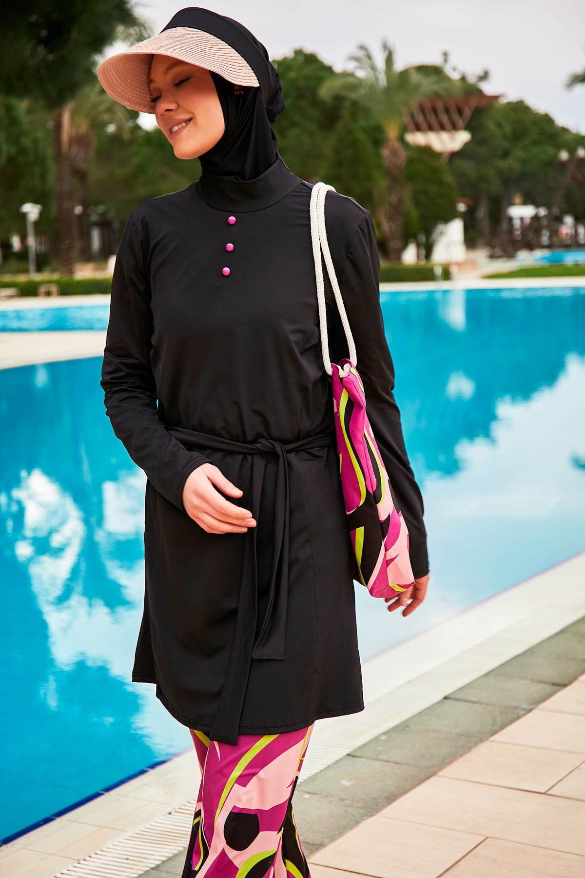 Patterned Black Full-Coverage Modest Swimwear Burkini - M2481