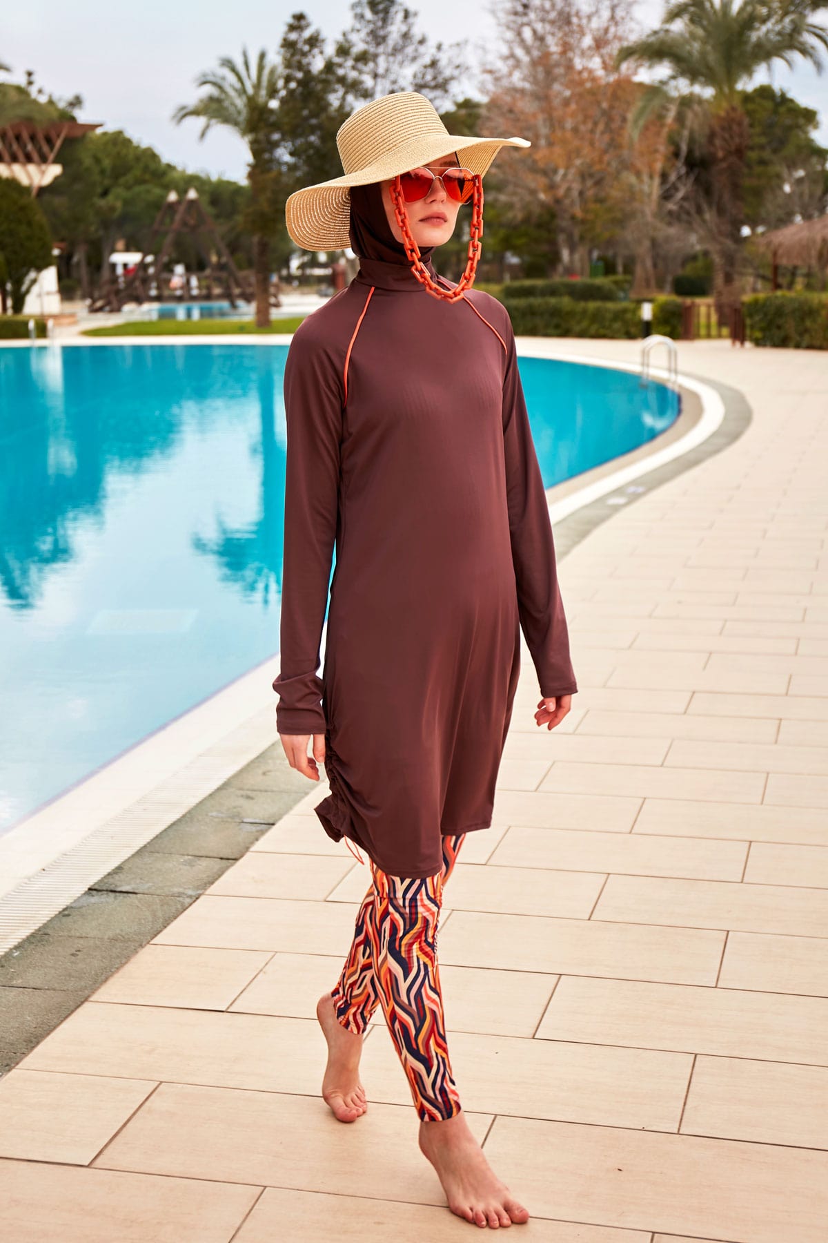 Patterned Brown Full-Coverage Modest Swimwear Burkini - M2466