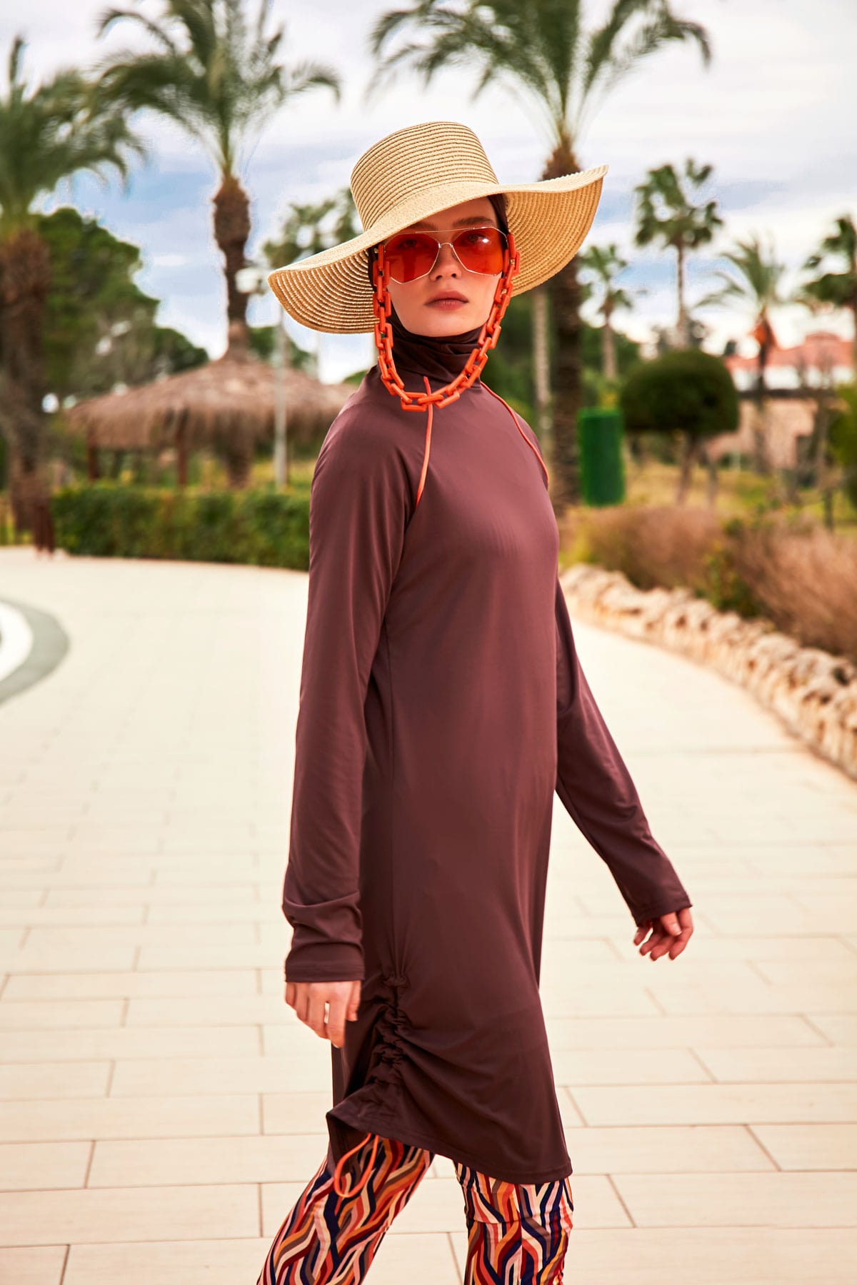 Patterned Brown Full-Coverage Modest Swimwear Burkini - M2466