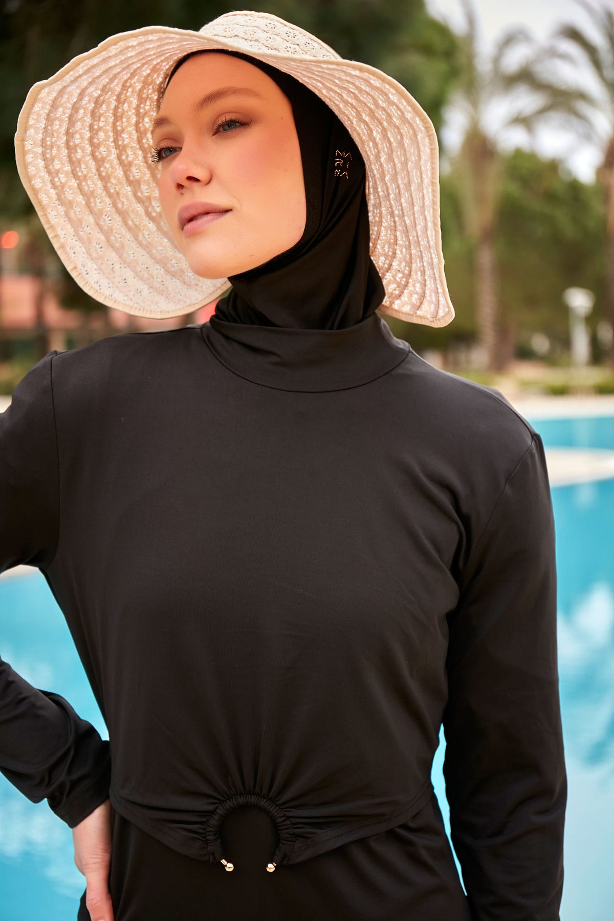 Gold Detailed Black Full-Coverage Modest Swimwear Burkini - M2463