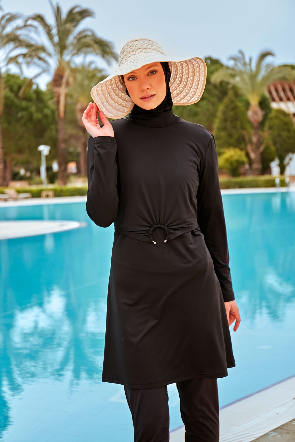 Gold Detailed Black Full-Coverage Modest Swimwear Burkini - M2463 Main image