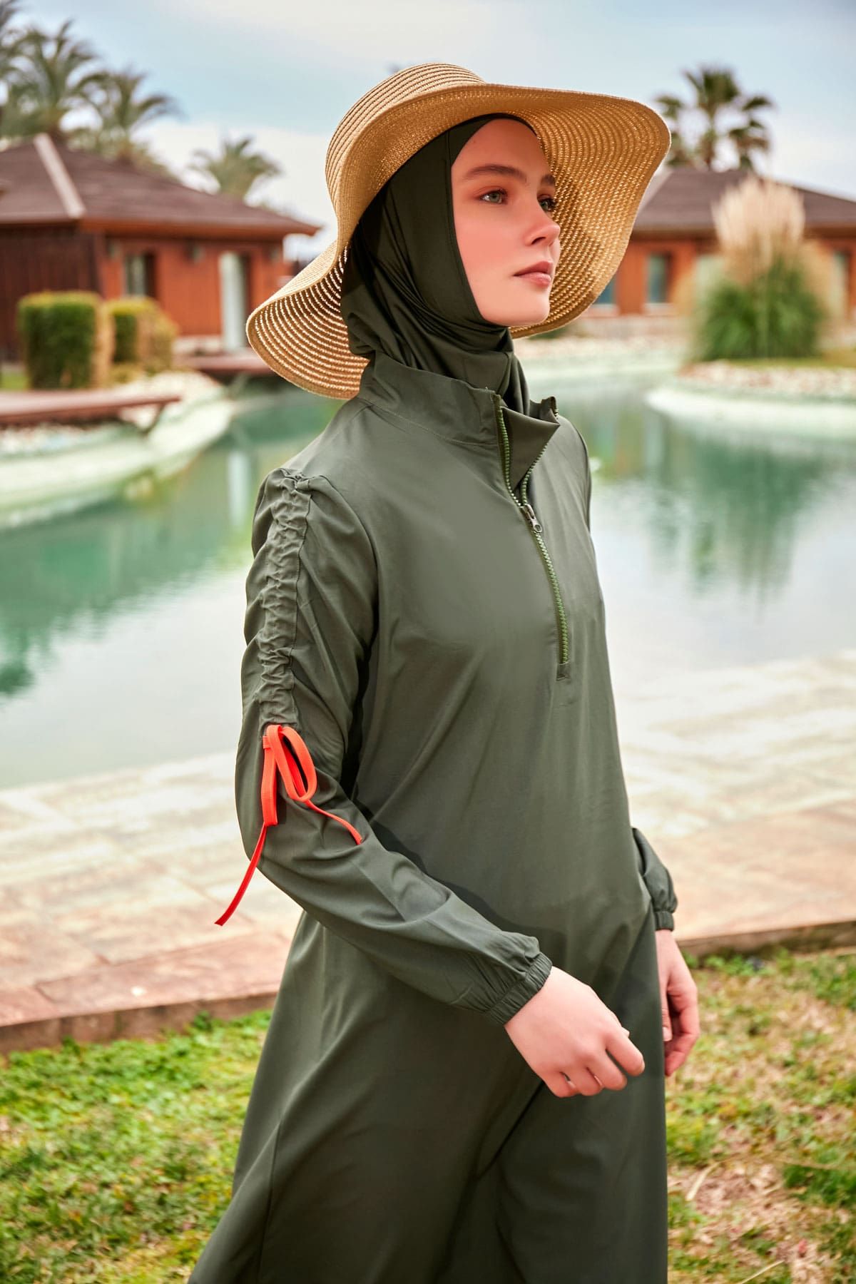 ملابس سباحة محتشمة بوركيني منسوجة باللون الكاكي M2432