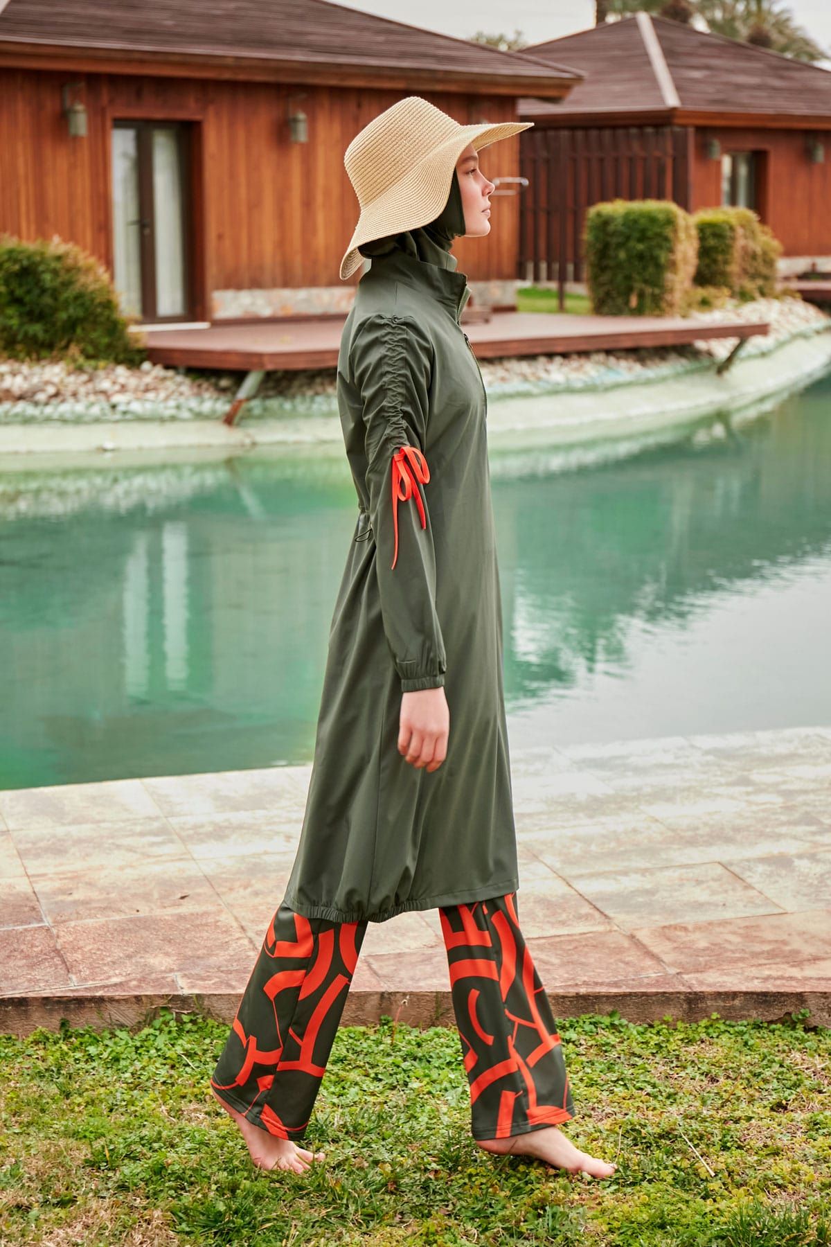 ملابس سباحة محتشمة بوركيني منسوجة باللون الكاكي M2432