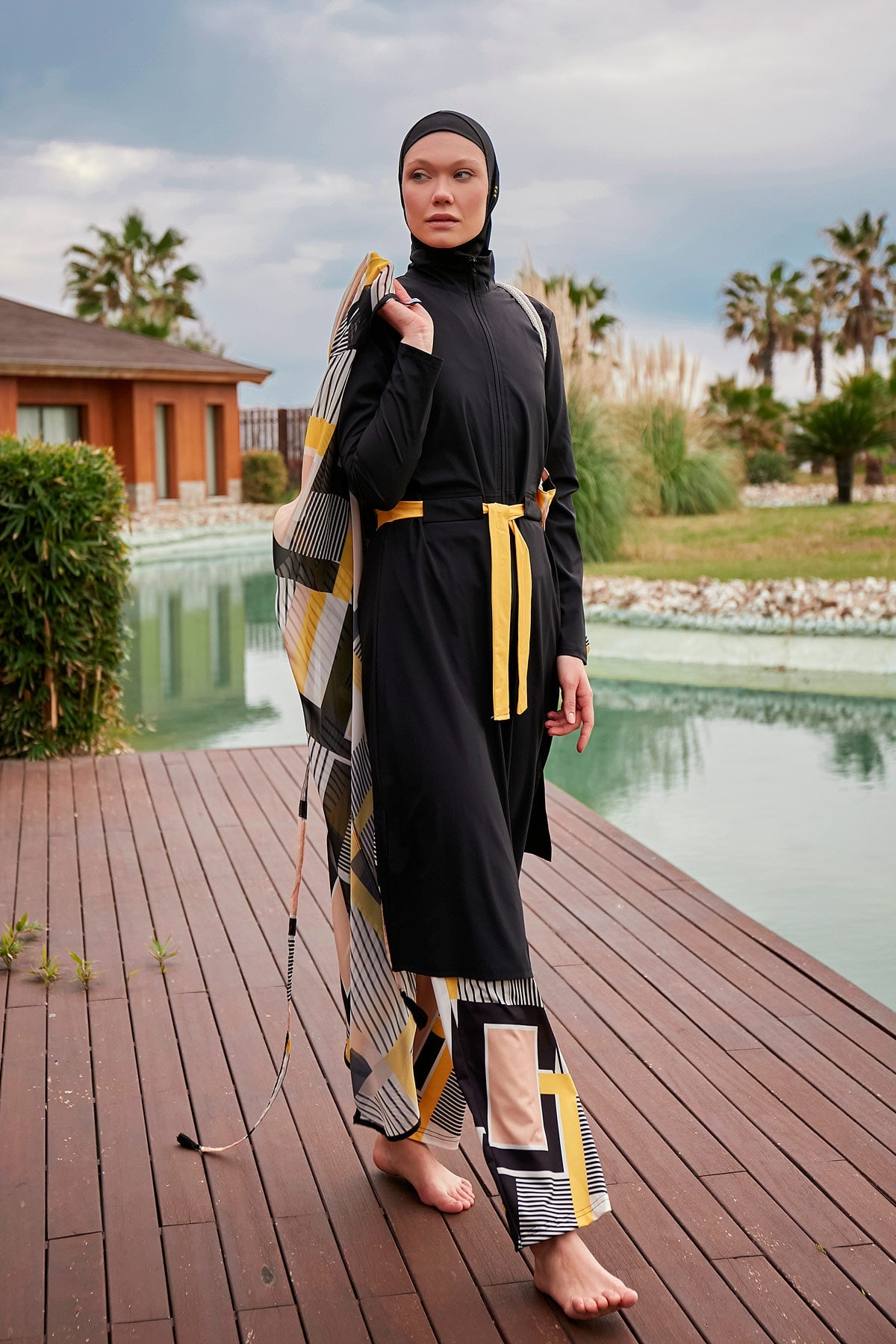 Woven Black Burkini Modest Swimwear M2422