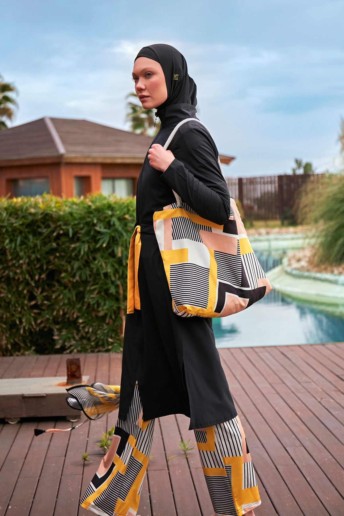 Woven Black Burkini Modest Swimwear M2422